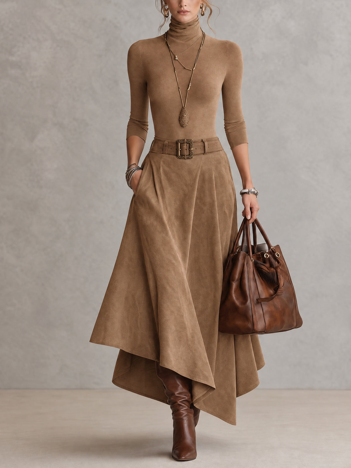 Taupe Stretch Turtleneck Top And Asymmetrical Suede Skirt Set