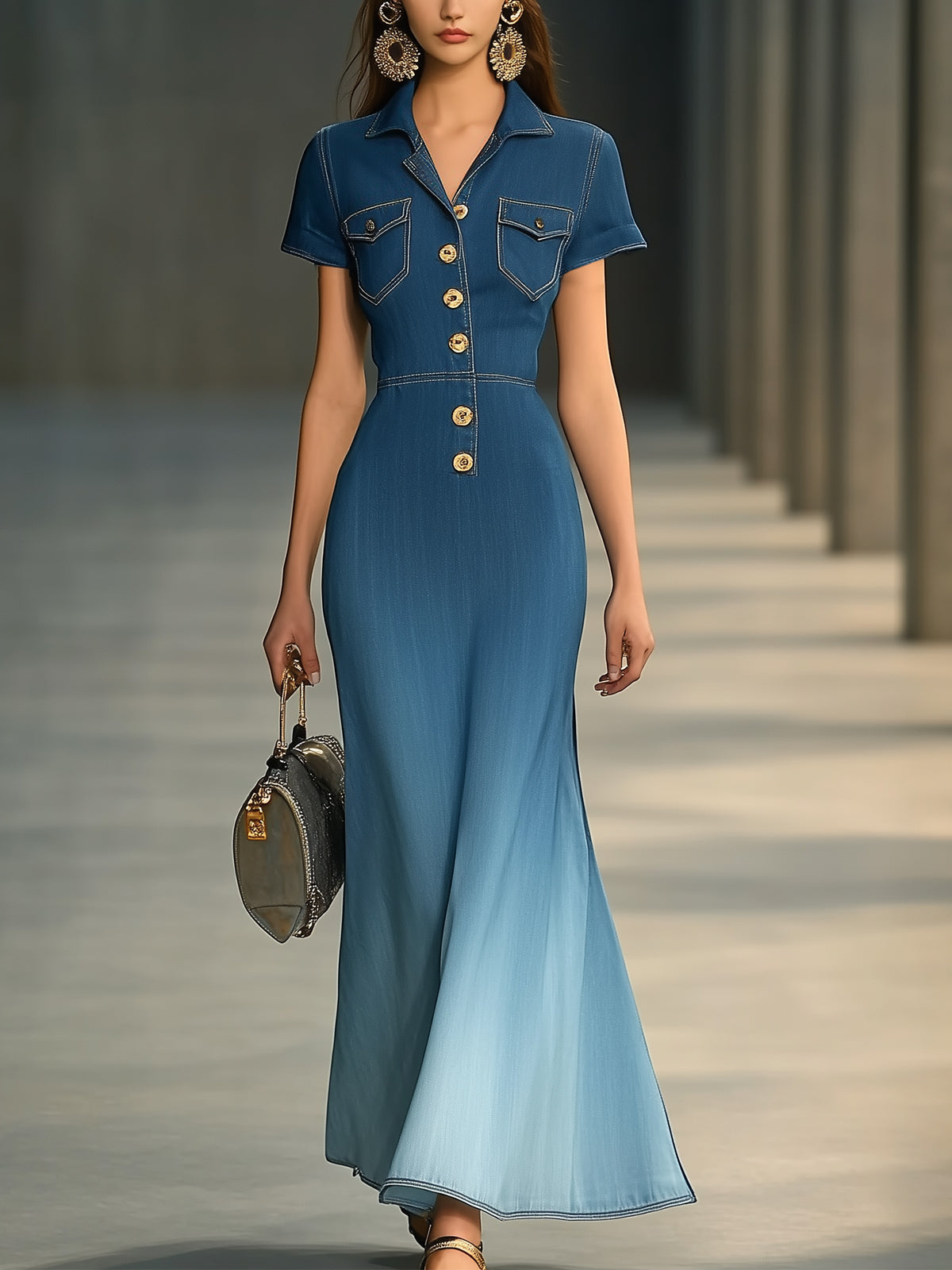Ombre Denim Maxi Dress With Gold Button Front