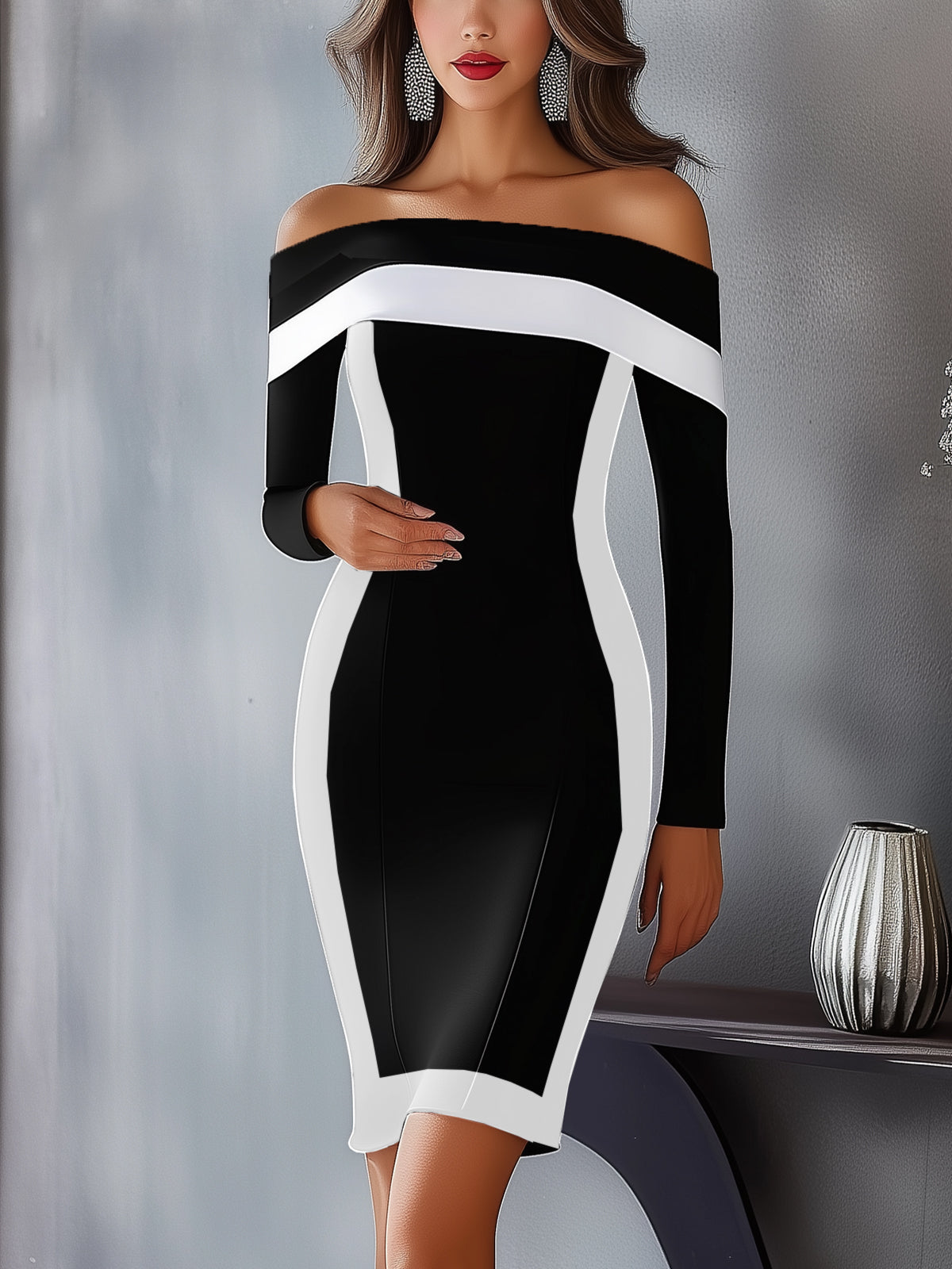 Off-Shoulder Long-Sleeve Black And White Color-Block Bodycon Dress