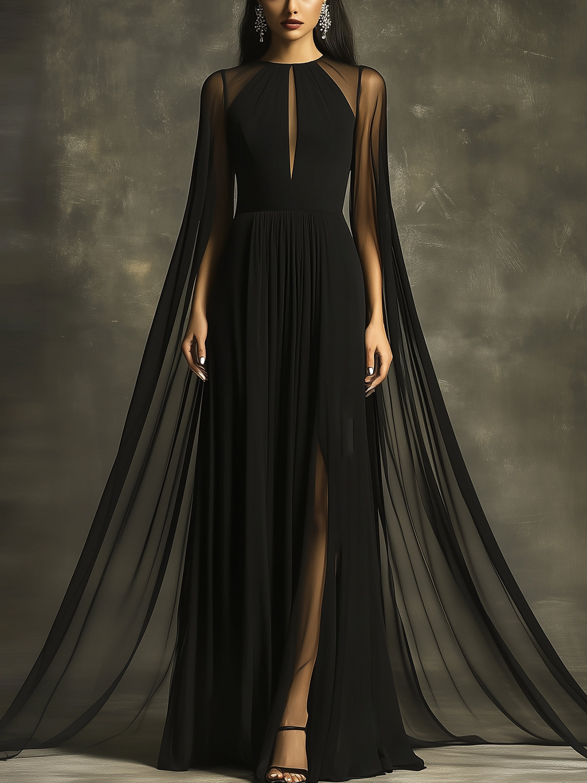 Elegant Black Sheer Cape Maxi Dress