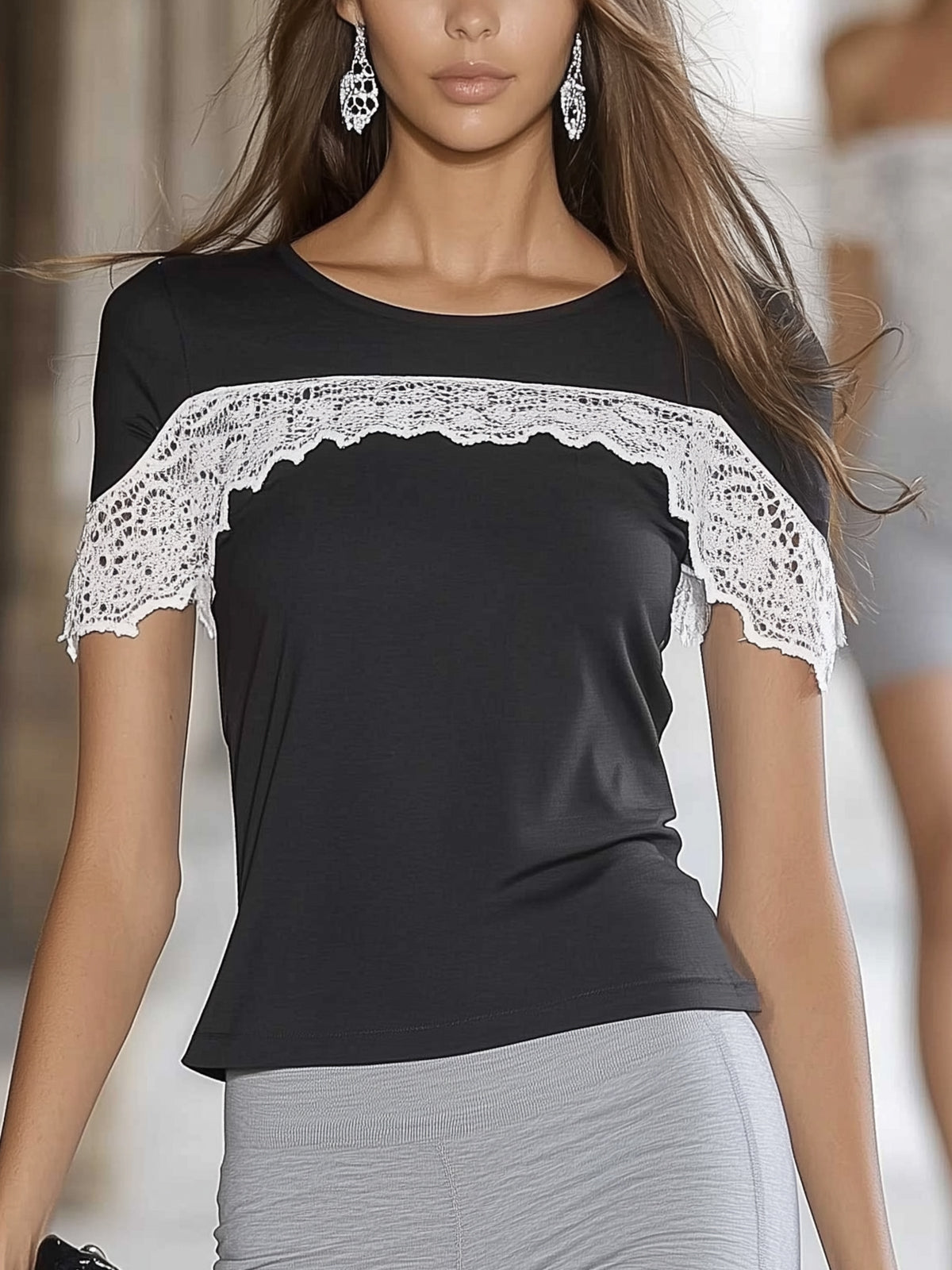 Black Short-Sleeve T-Shirt With Lace Panels