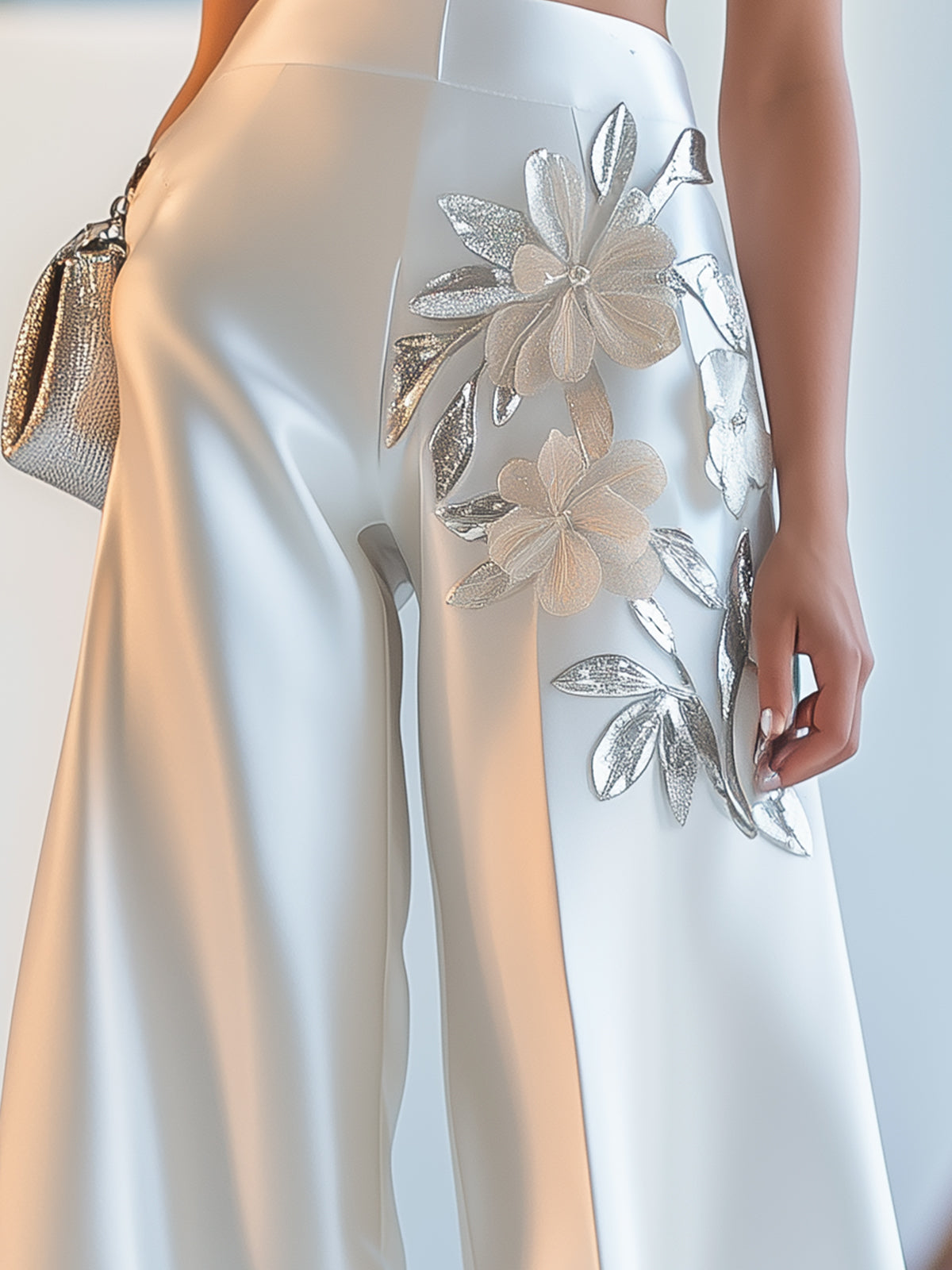 White Satin Wide-Leg Pants With Floral And Leaf Applique Design