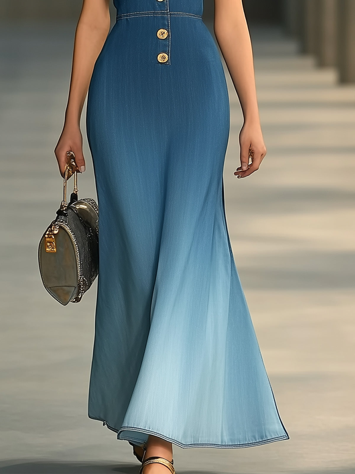 Ombre Denim Maxi Dress With Gold Button Front