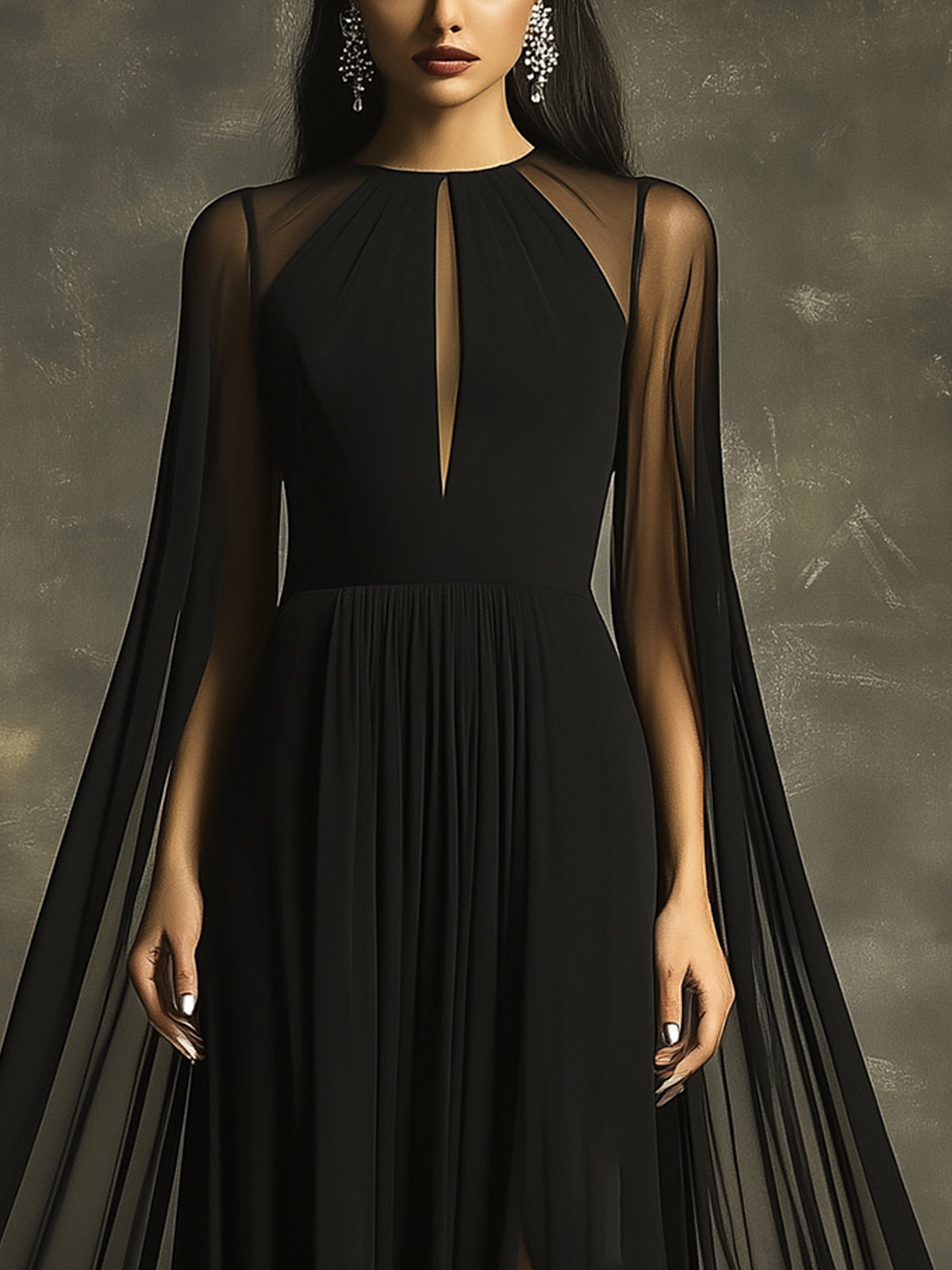 Elegant Black Sheer Cape Maxi Dress