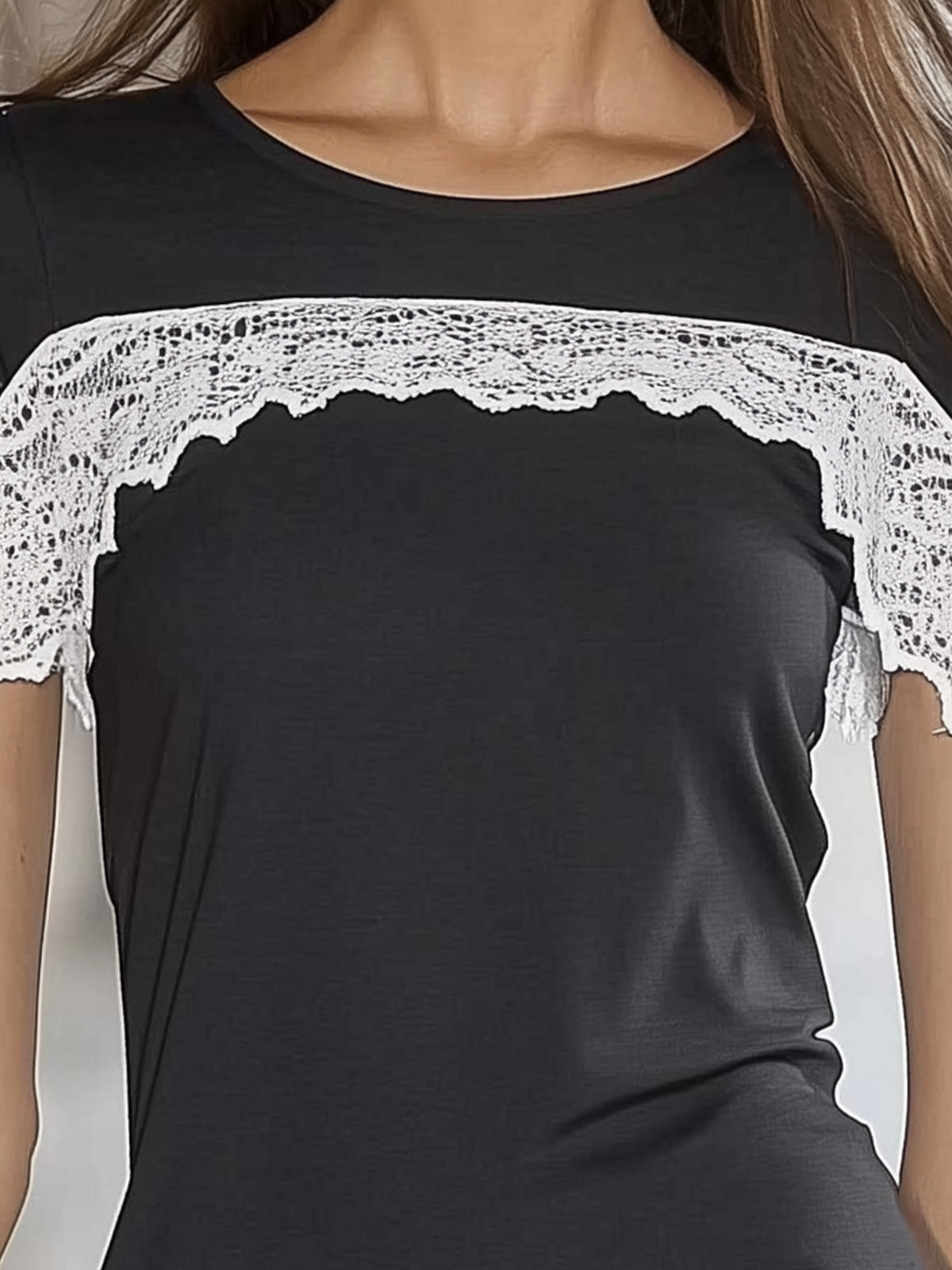 Black Short-Sleeve T-Shirt With Lace Panels