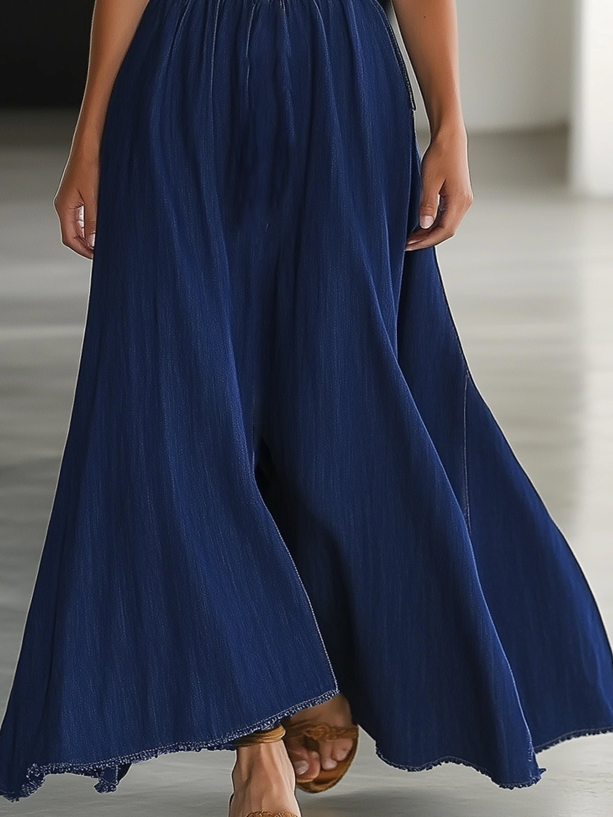 V-Neck Sleeveless Floral Embroidered Denim Maxi Dress