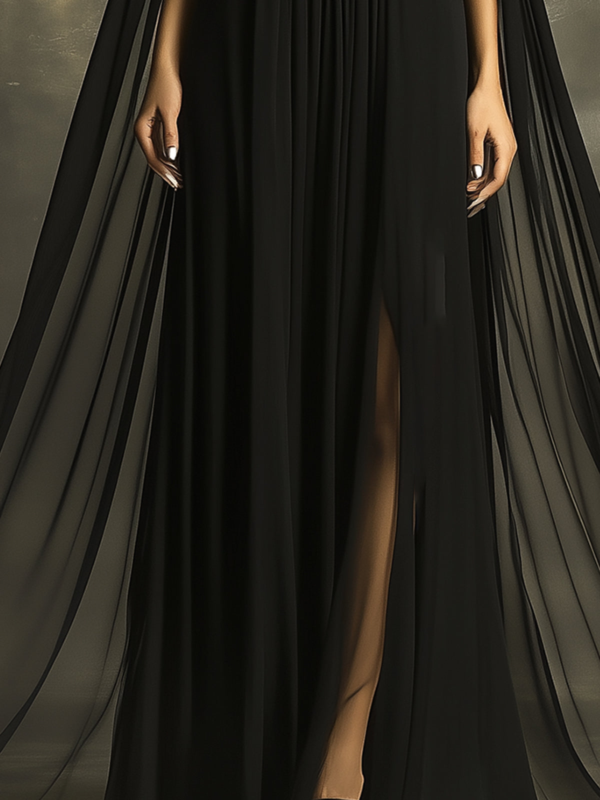 Elegant Black Sheer Cape Maxi Dress