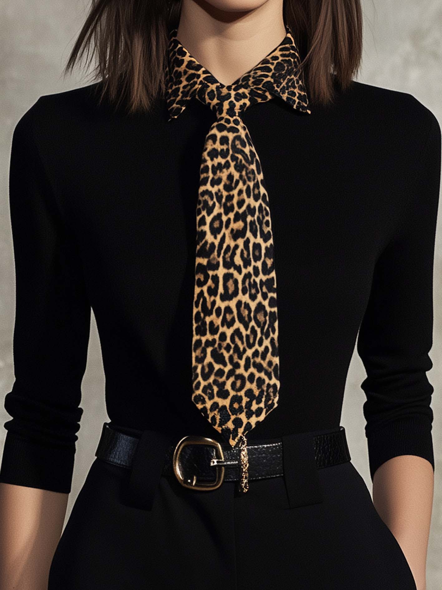 Black Knitted T-shirt With Leopard Print Lapel And Tie