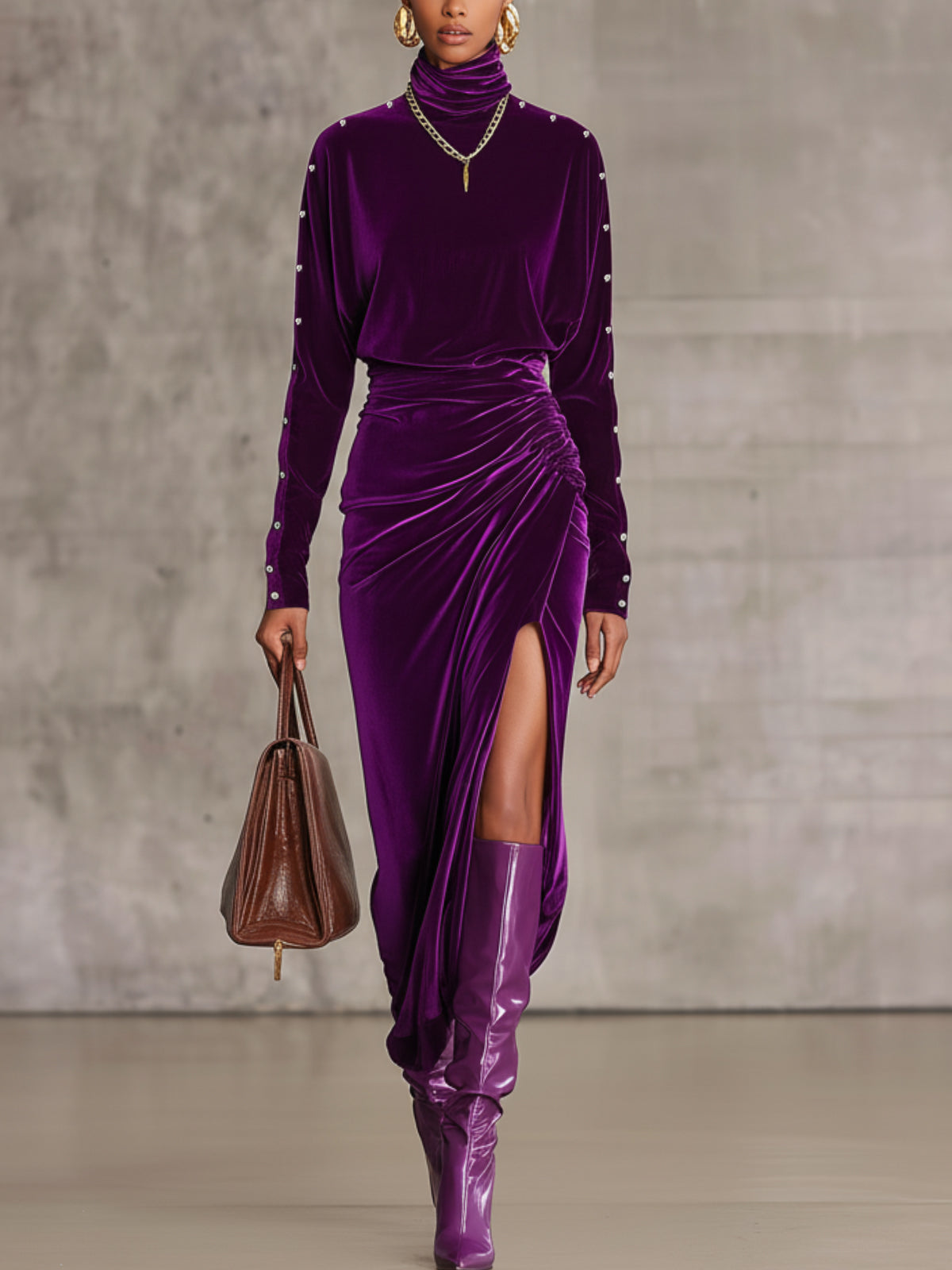 Purple Velvet High-Neck Ruched Maxi Dress