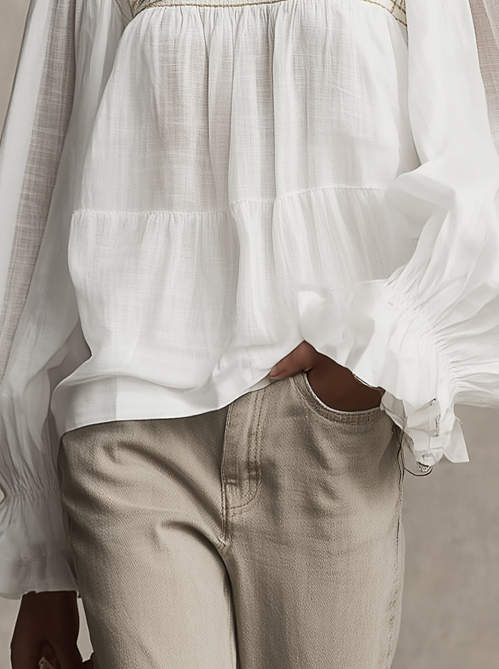 White Embroidered Square-Neck Long-Sleeve Boho Blouse