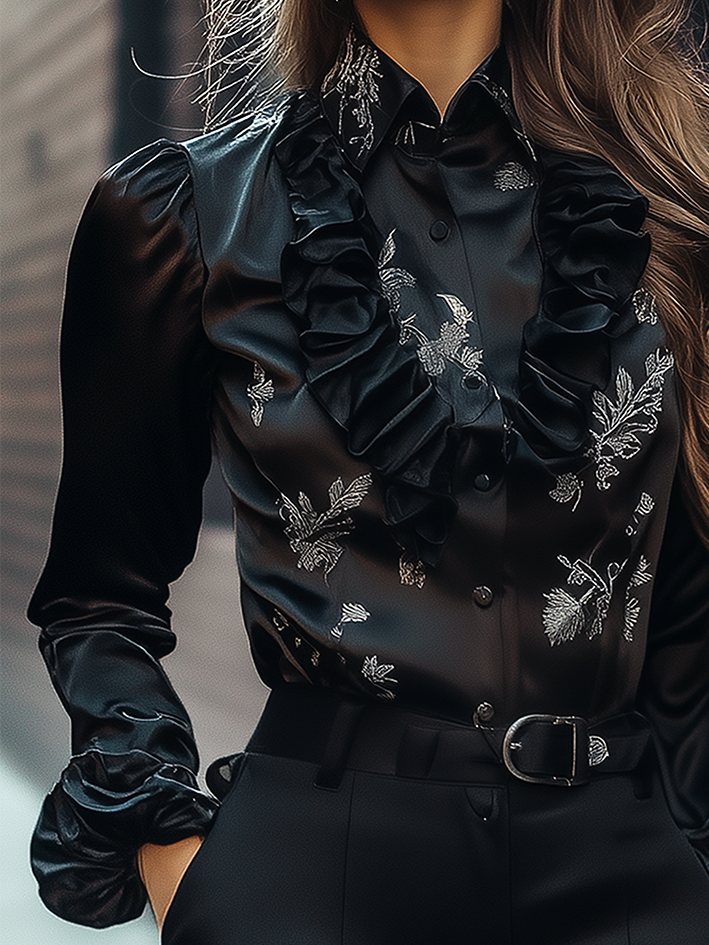 Black Floral Print Satin Blouse With Vintage Ruffles