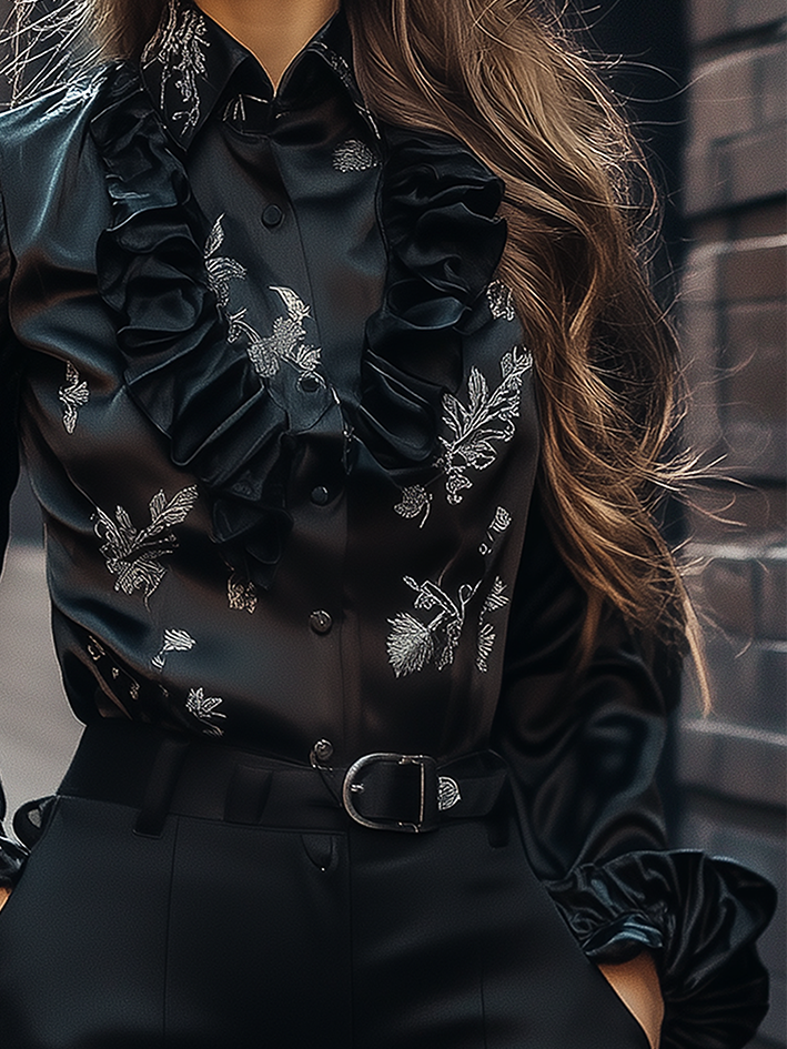 Black Floral Print Satin Blouse With Vintage Ruffles