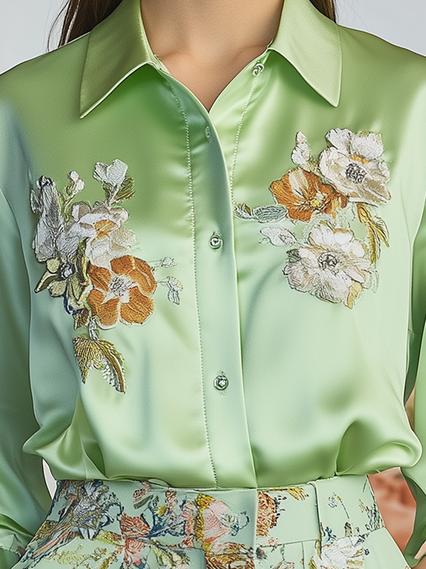 Mint Green Satin Blouse With Elegant Flower Embroidery