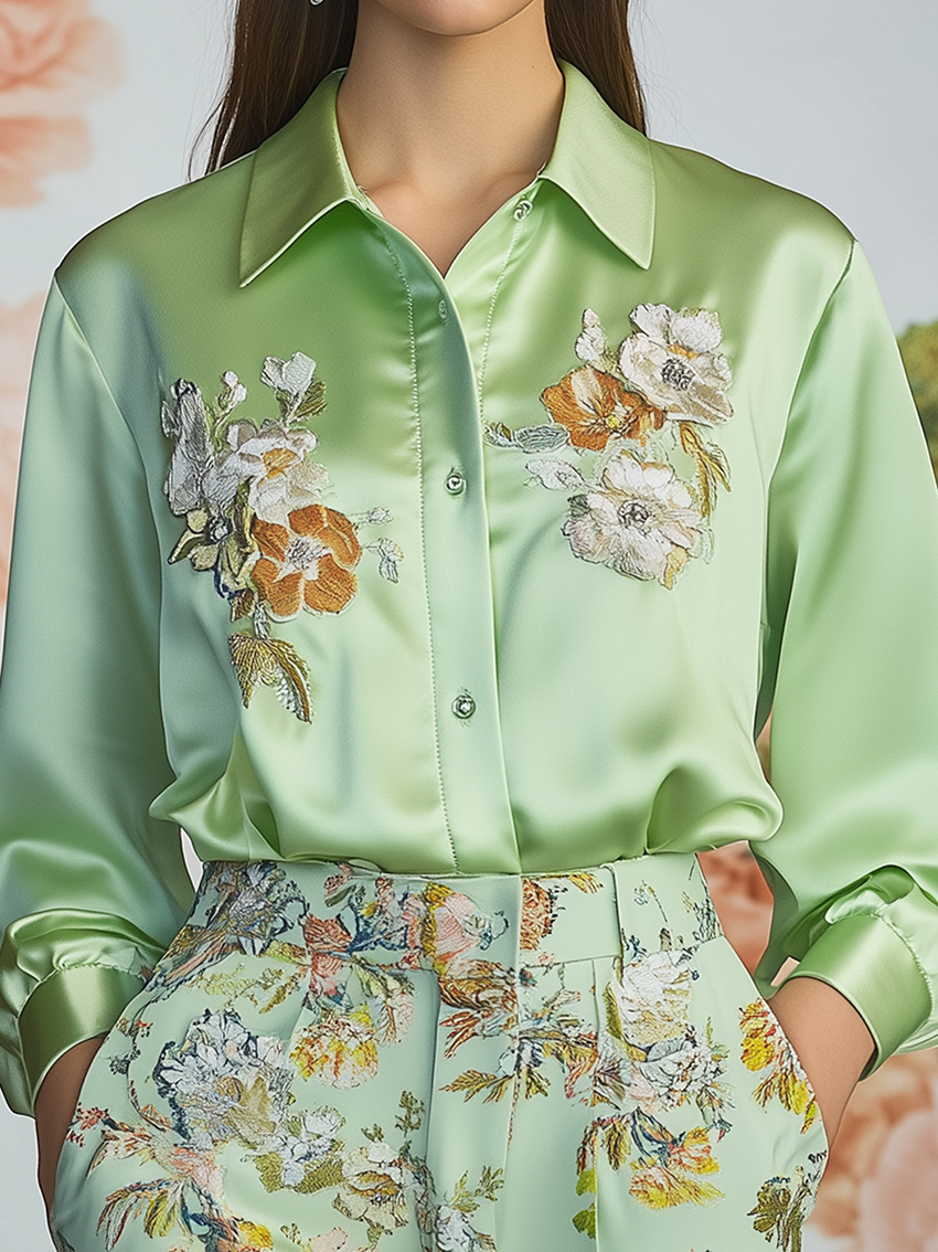 Mint Green Satin Blouse With Elegant Flower Embroidery