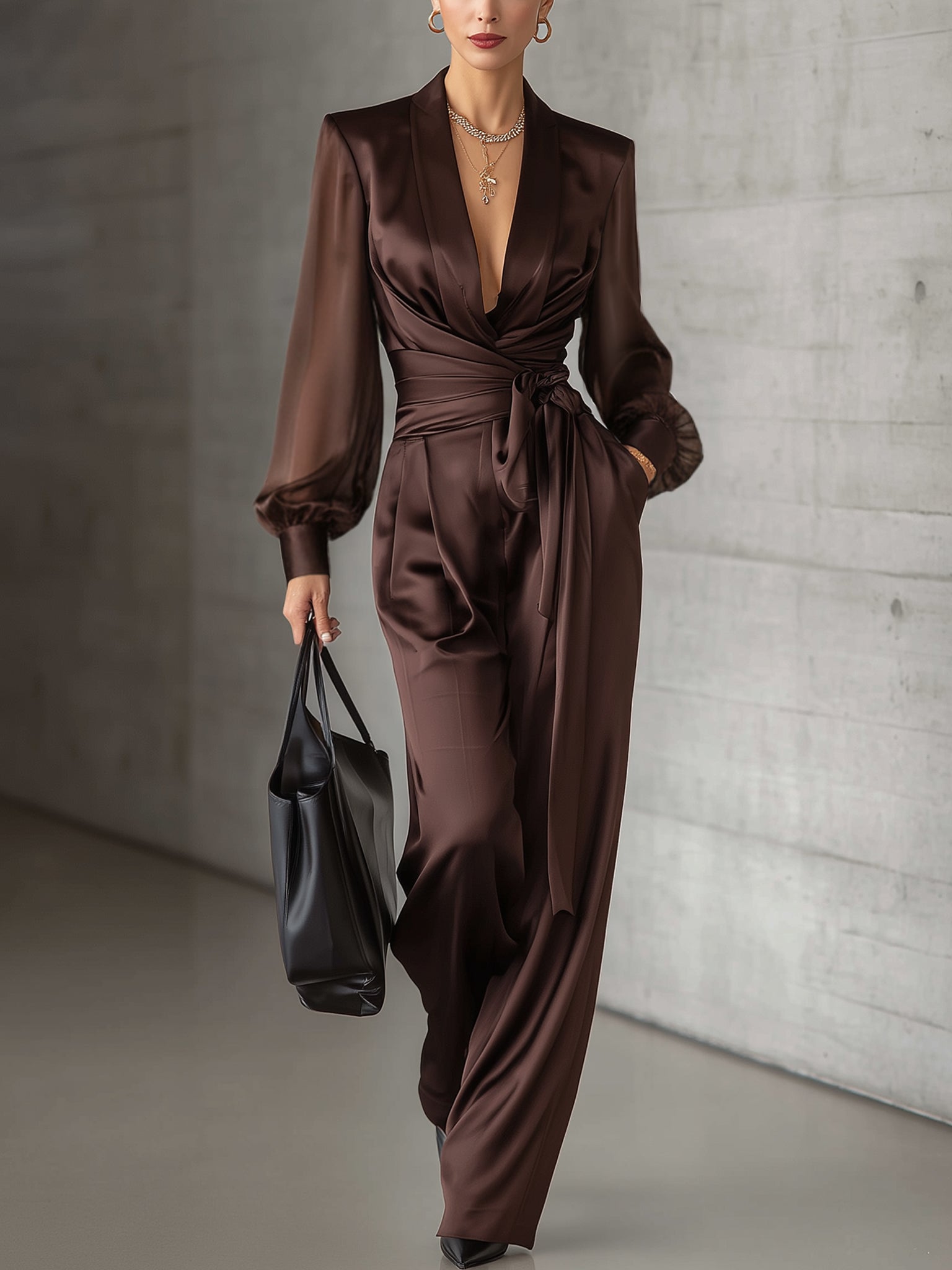 Chocolate Satin Blouse And Wide Leg Pants Set