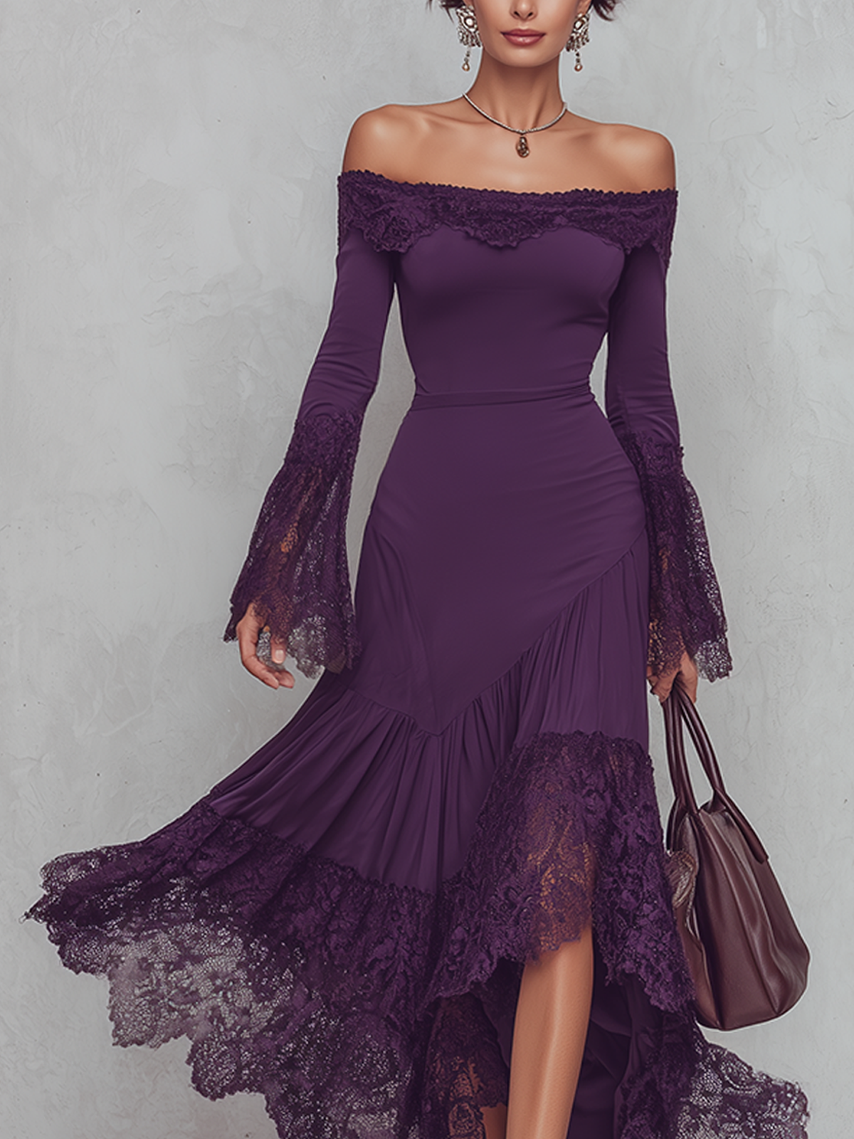 Purple Off-Shoulder Lace-Trimmed Long Sleeve Maxi Dress