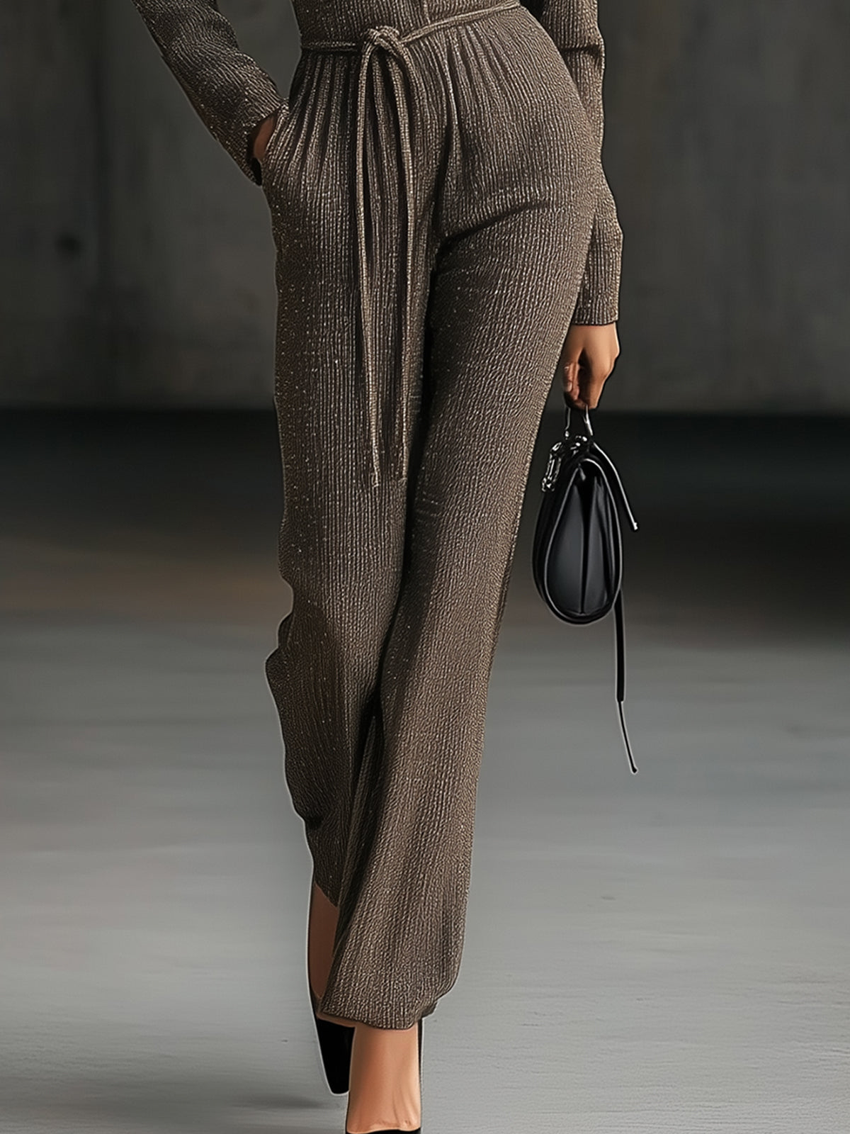 Gray Ribbed Knit Belted High Neck Jumpsuit