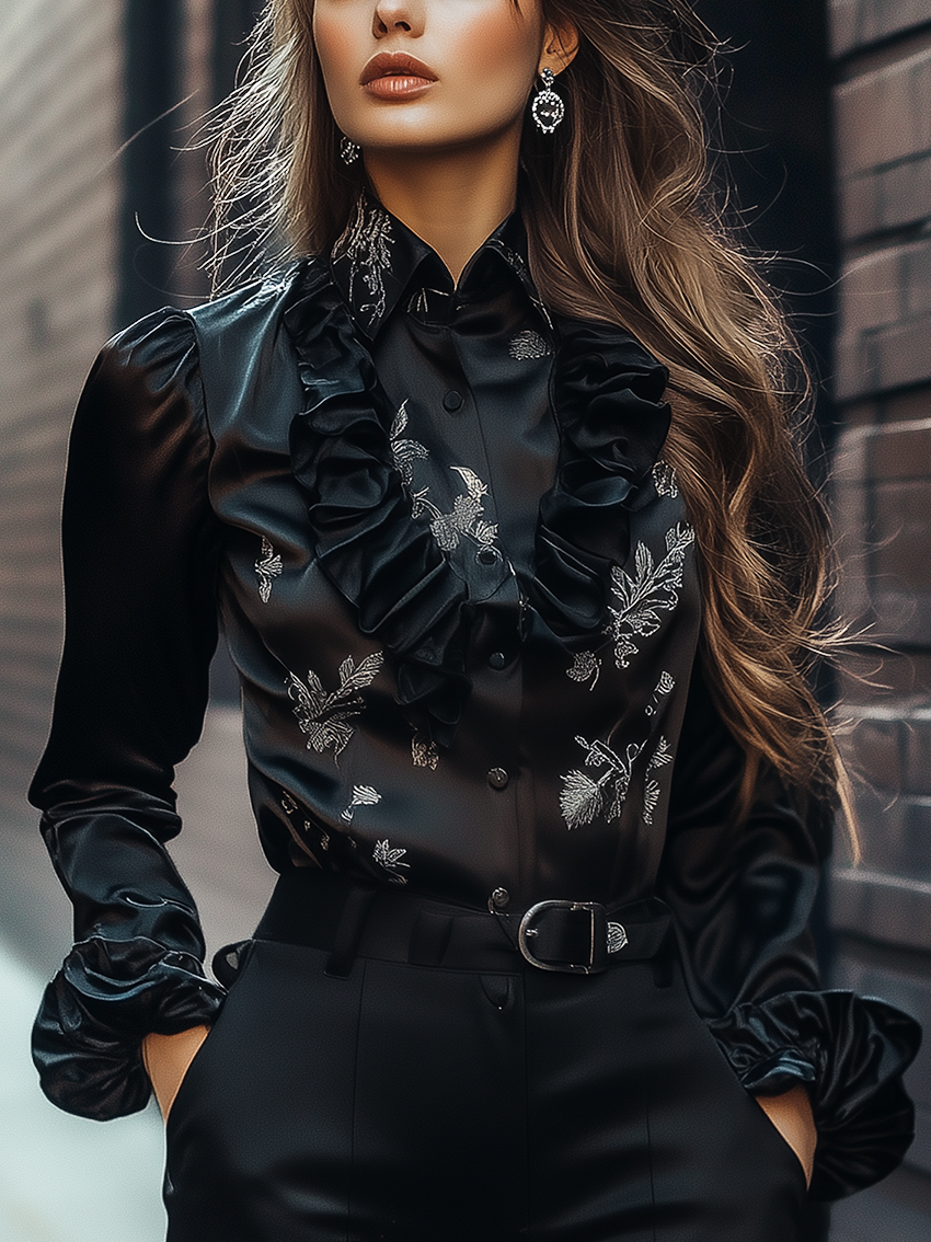 Black Floral Print Satin Blouse With Vintage Ruffles