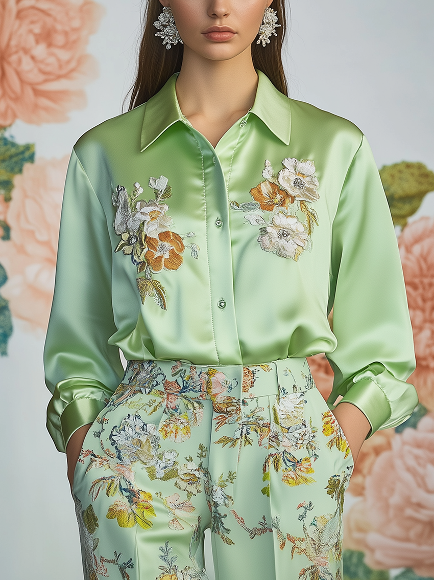 Mint Green Satin Blouse With Elegant Flower Embroidery