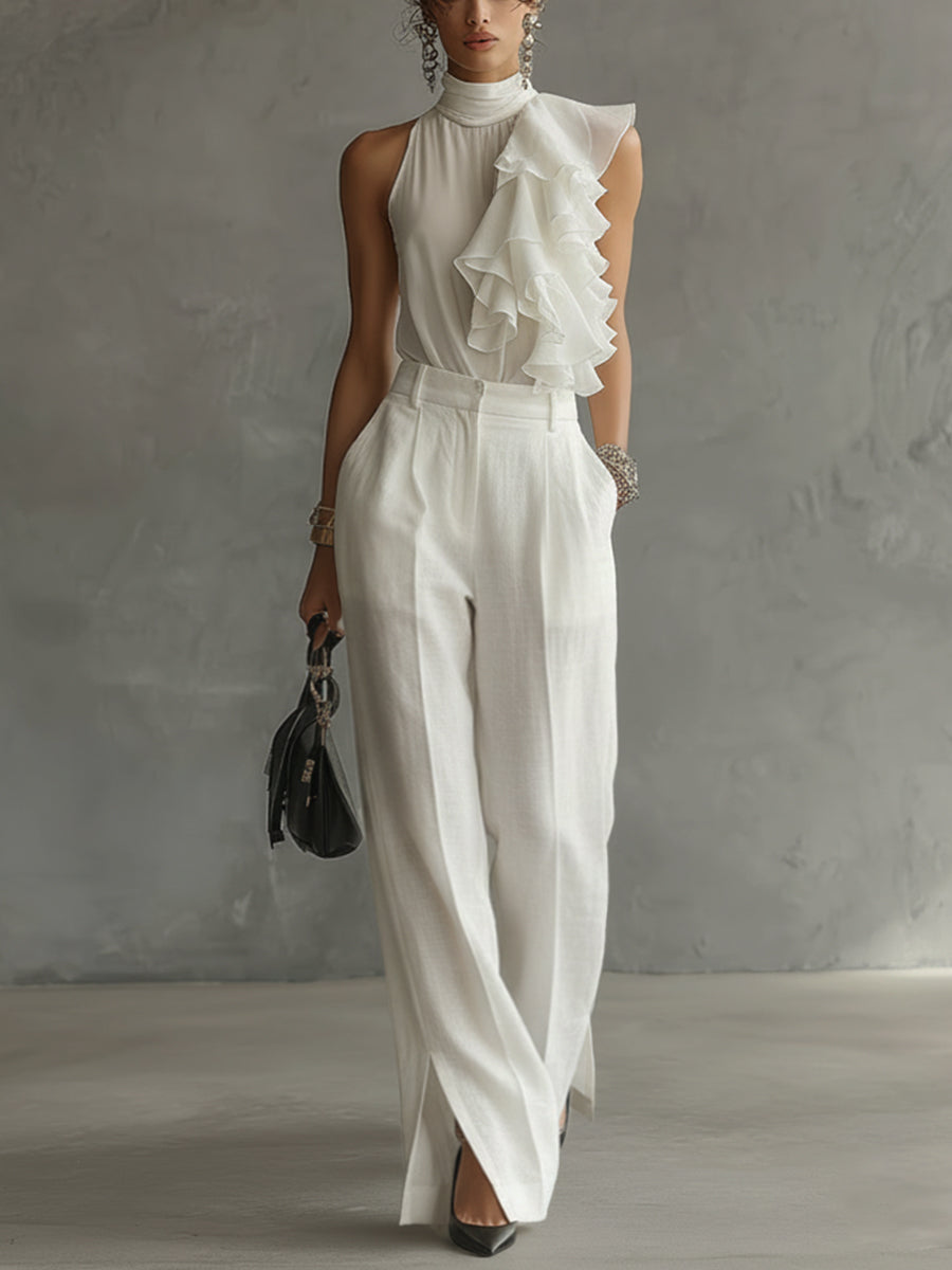 Ivory Chiffon Sleeveless Ruffle High-Neck Blouse And Linen Trousers Set