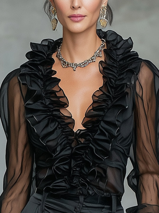 Black Sheer Ruffled Organza Blouse With Deep V-Neck
