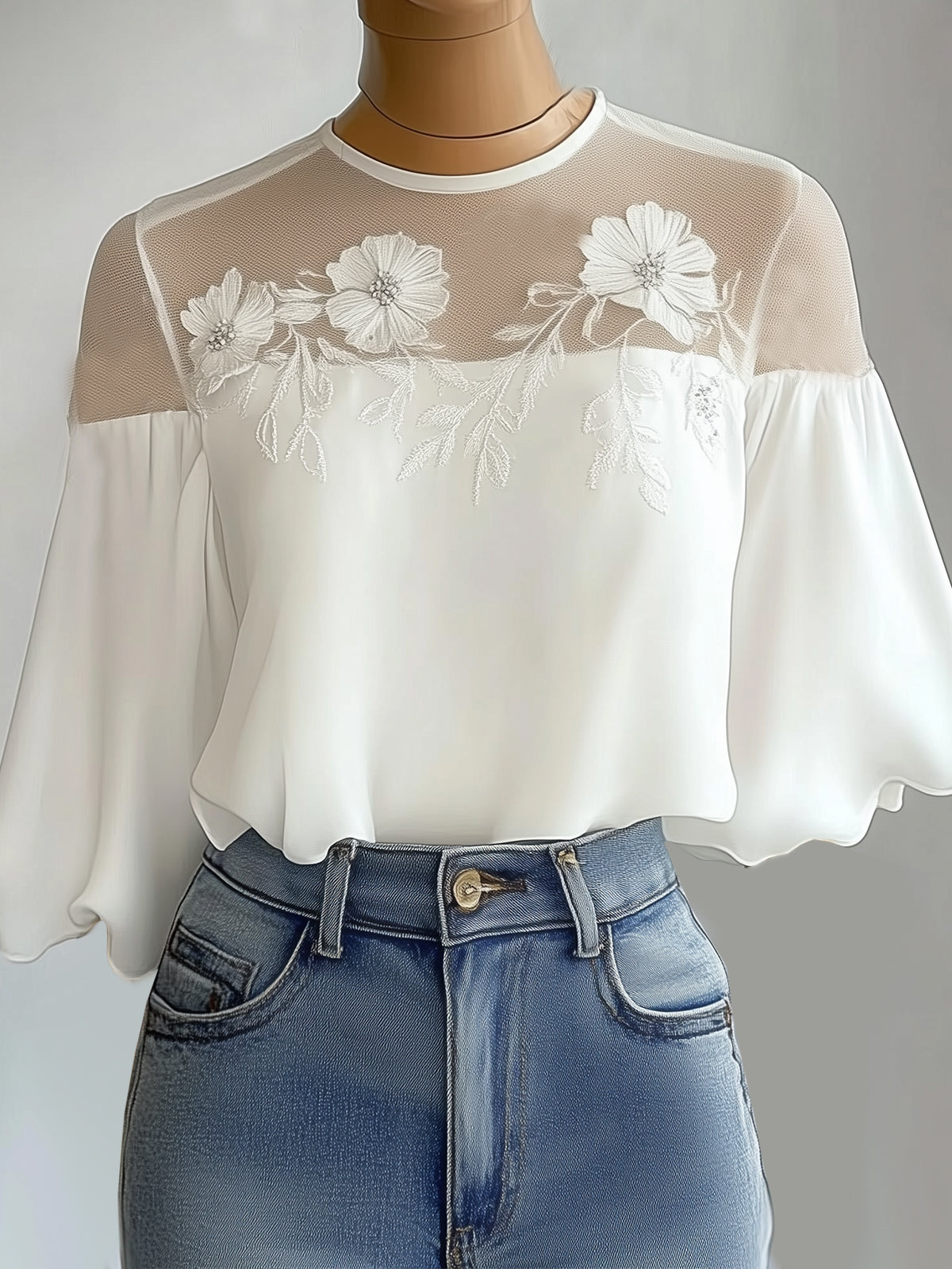 White Chiffon Blouse With Mesh Floral Embroidered Neckline