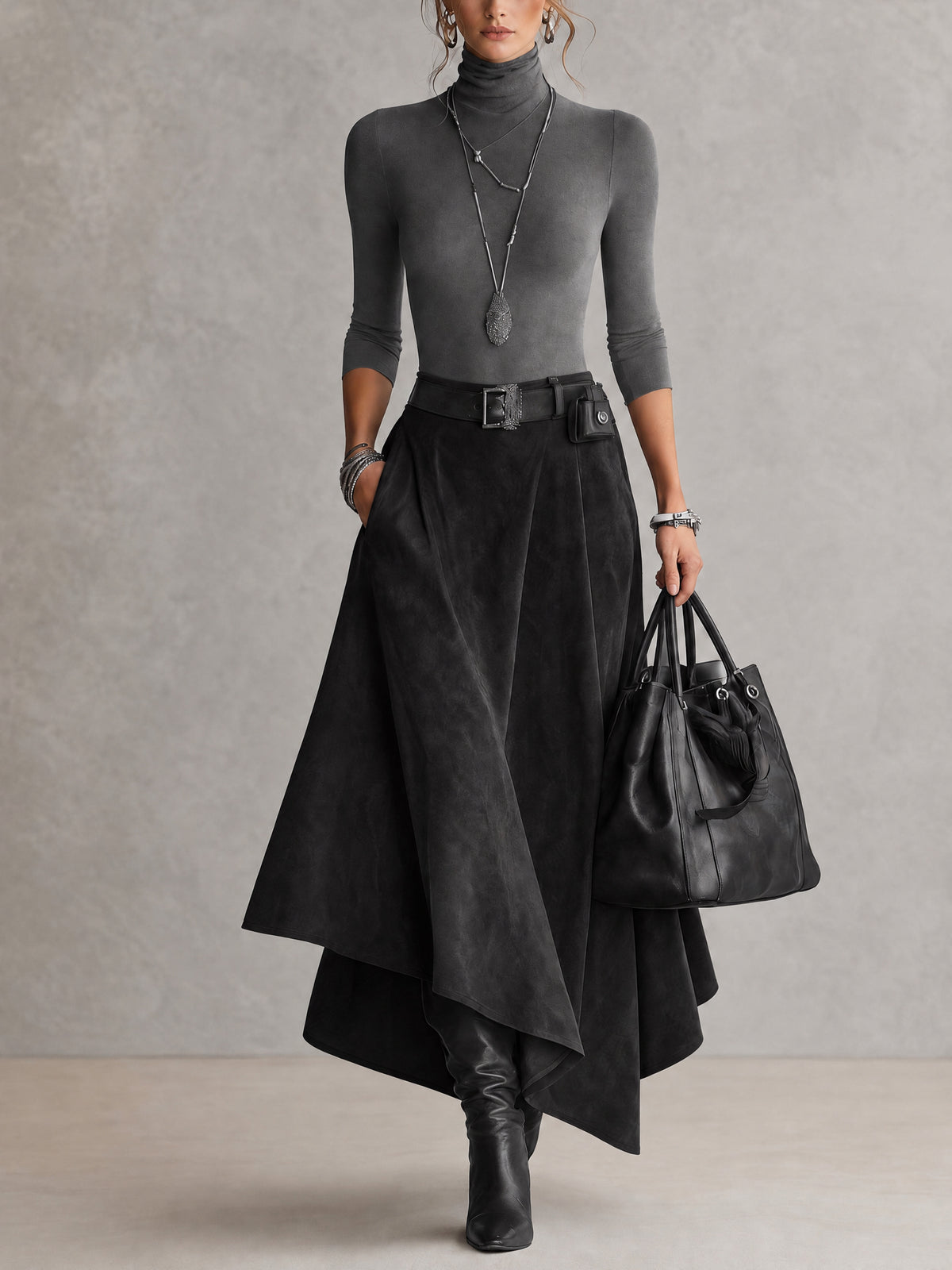 Taupe Stretch Turtleneck Top And Asymmetrical Suede Skirt Set