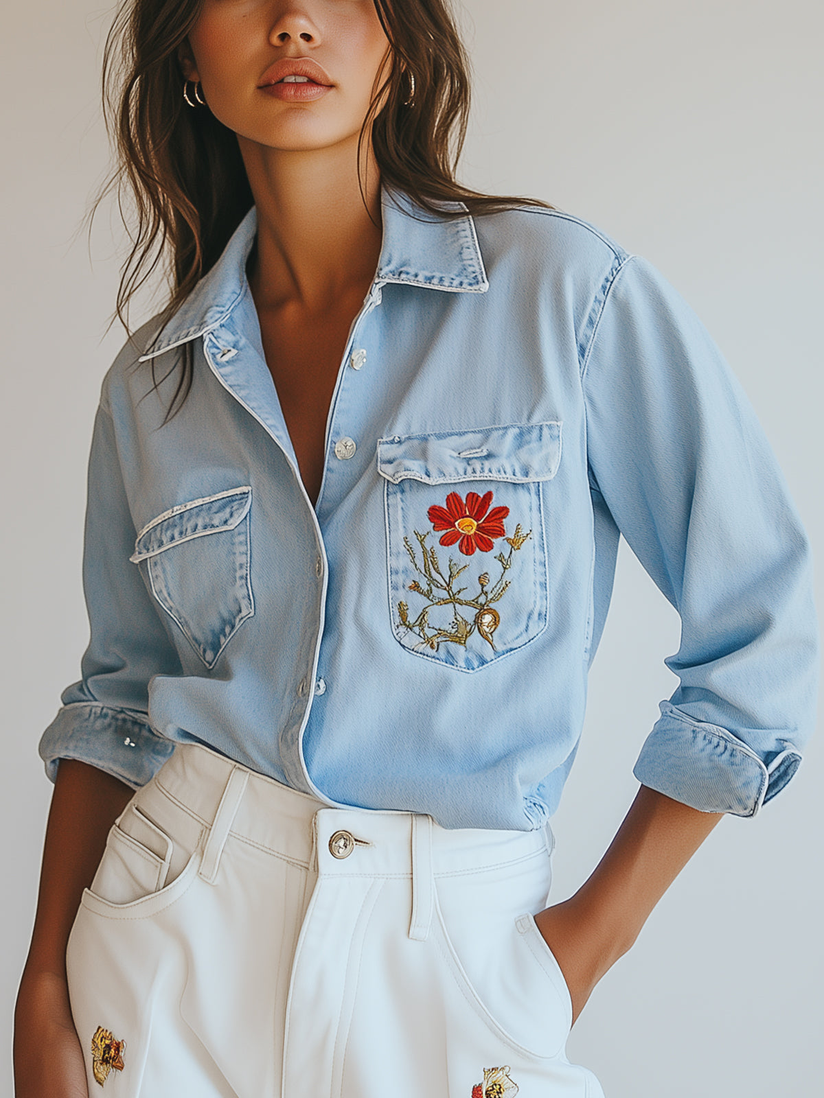 Floral Embroidery Light Blue Denim Blouse