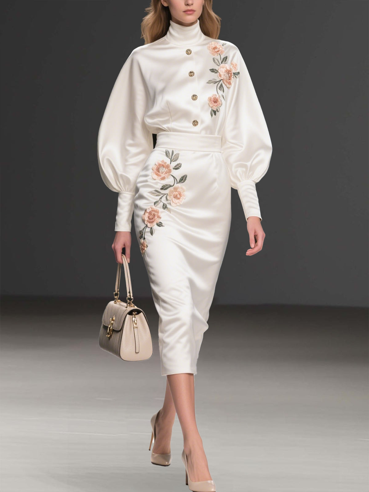 White Satin Dress With Puff Sleeves And Floral Embroidery