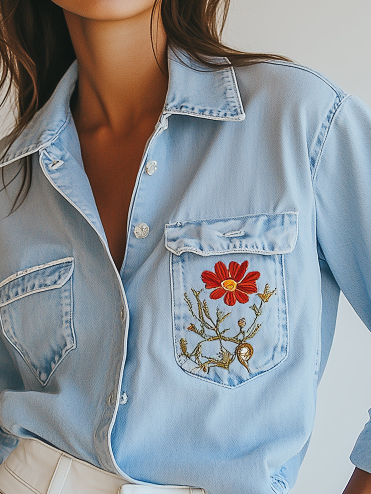 Floral Embroidery Light Blue Denim Blouse