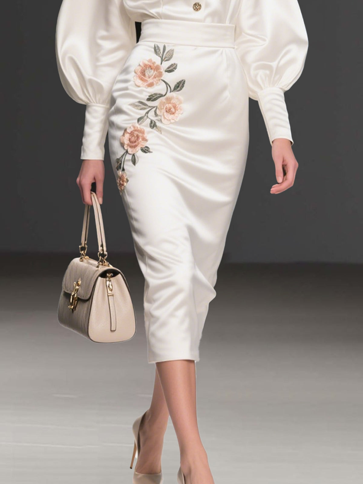 White Satin Dress With Puff Sleeves And Floral Embroidery