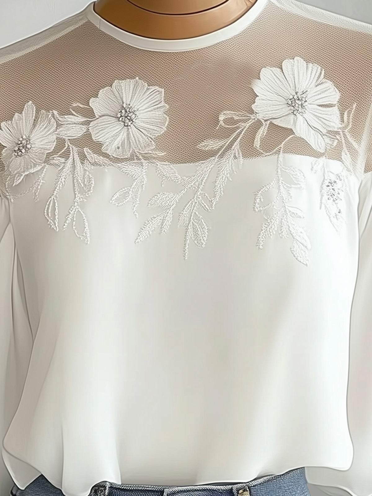 White Chiffon Blouse With Mesh Floral Embroidered Neckline