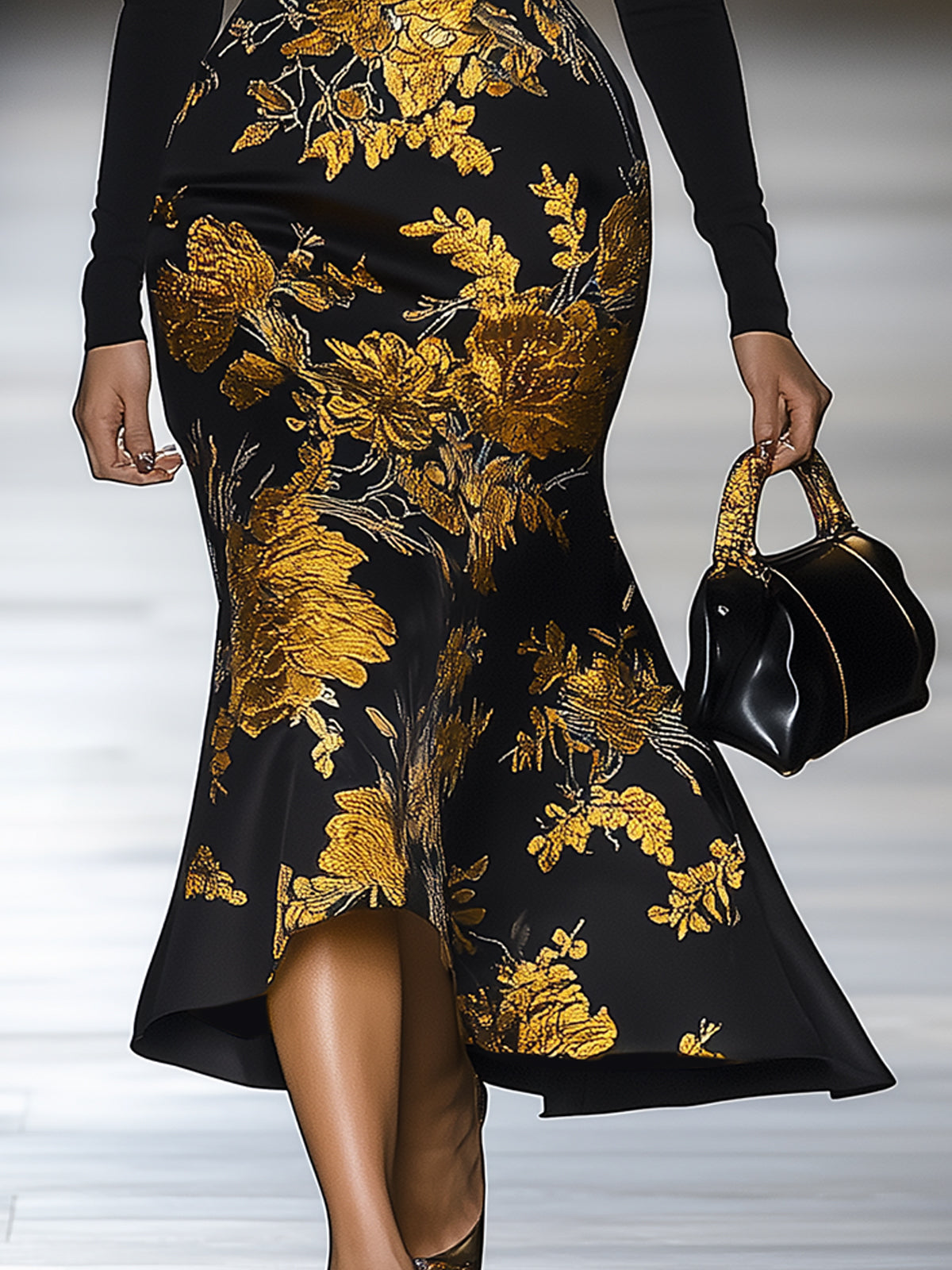 Black Off-Shoulder Dress With Gold Floral Print