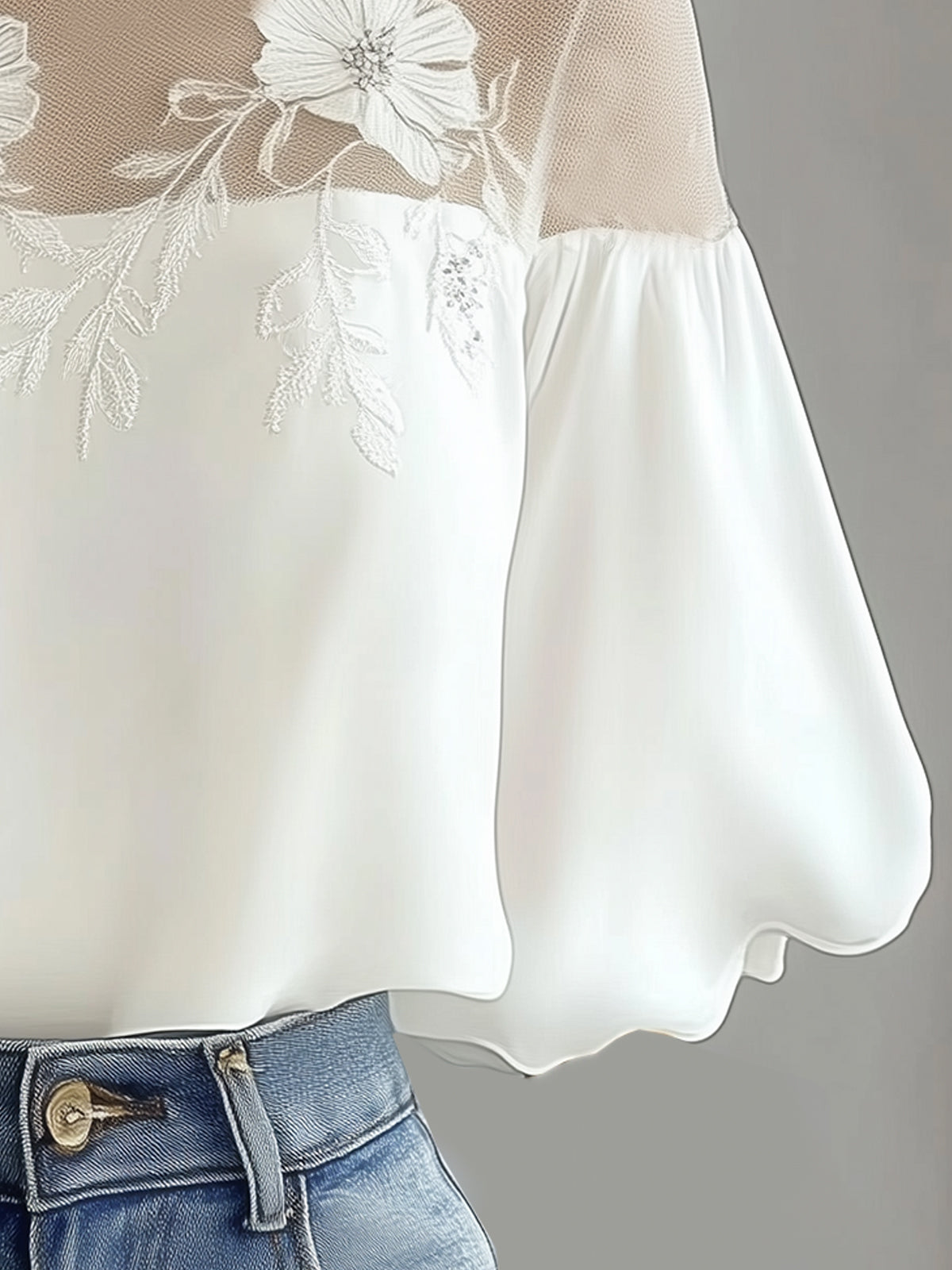 White Chiffon Blouse With Mesh Floral Embroidered Neckline