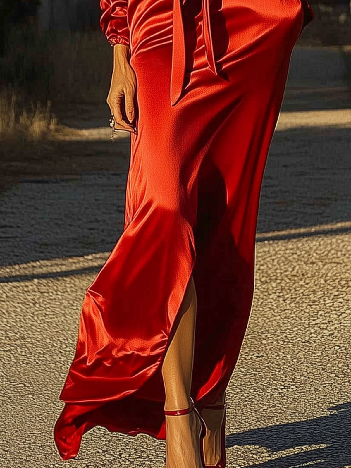 Red Satin Casual Maxi Dress With Pockets