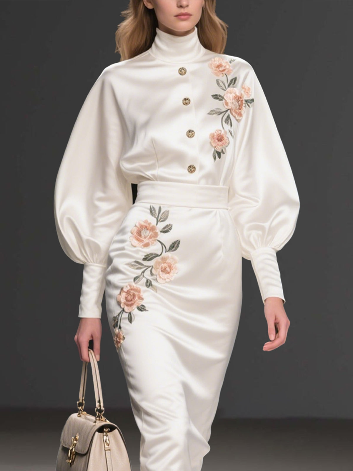 White Satin Dress With Puff Sleeves And Floral Embroidery