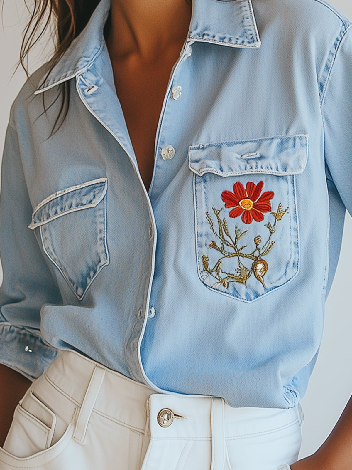 Floral Embroidery Light Blue Denim Blouse