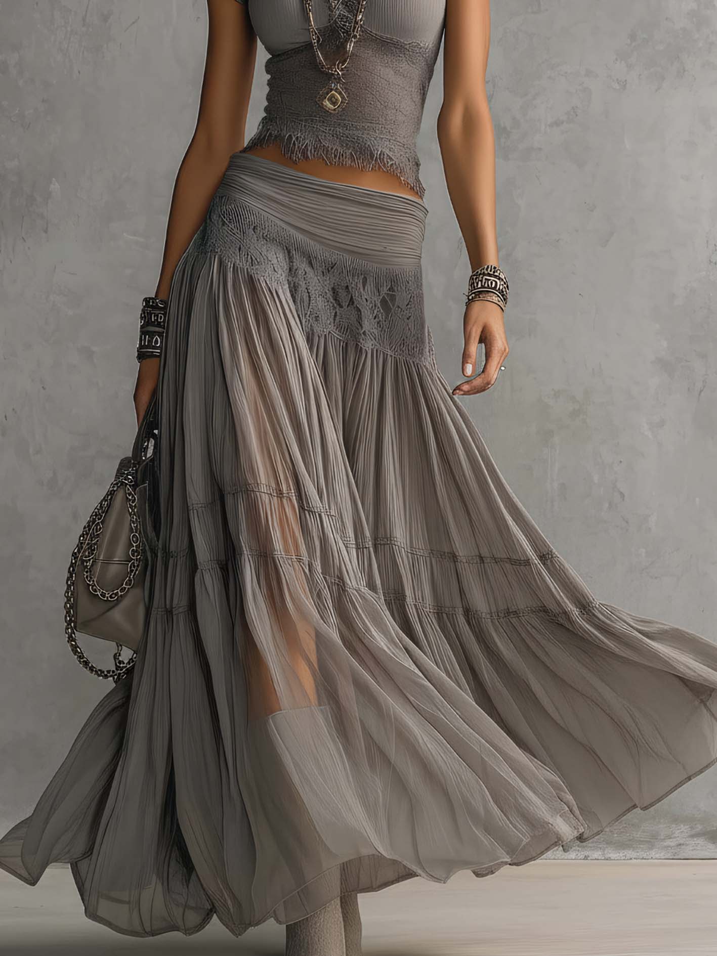 Gray Lace Patchwork Top And Pleated Maxi Skirt Set