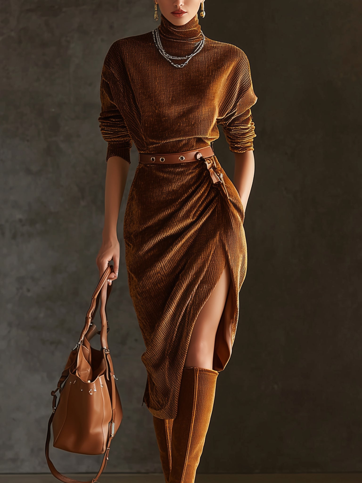 Brown Corduroy Turtleneck Long Sleeve Bodycon Dress With Belt
