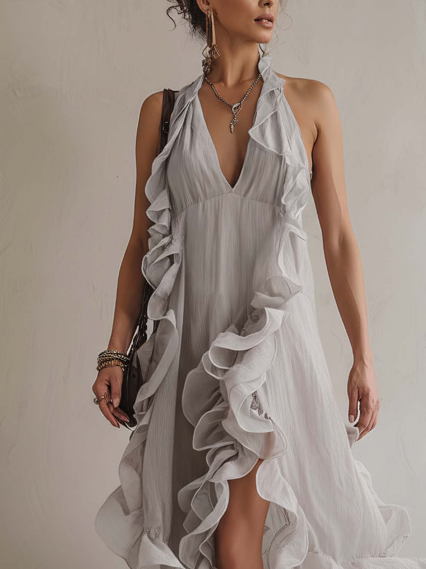 Light Gray Flowy Ruffle Chiffon Maxi Dress