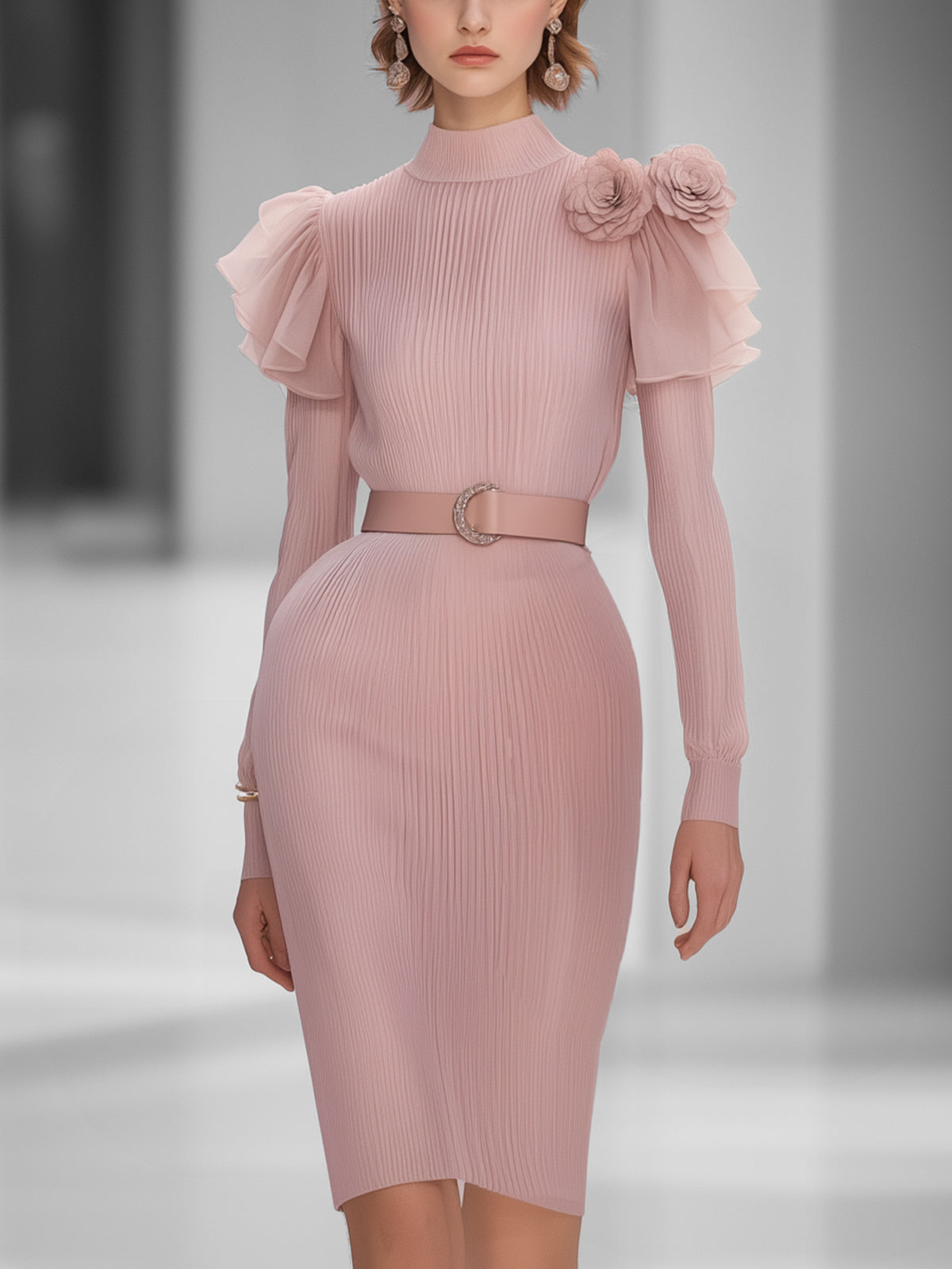 Pink Pleated Midi Dress With Floral
