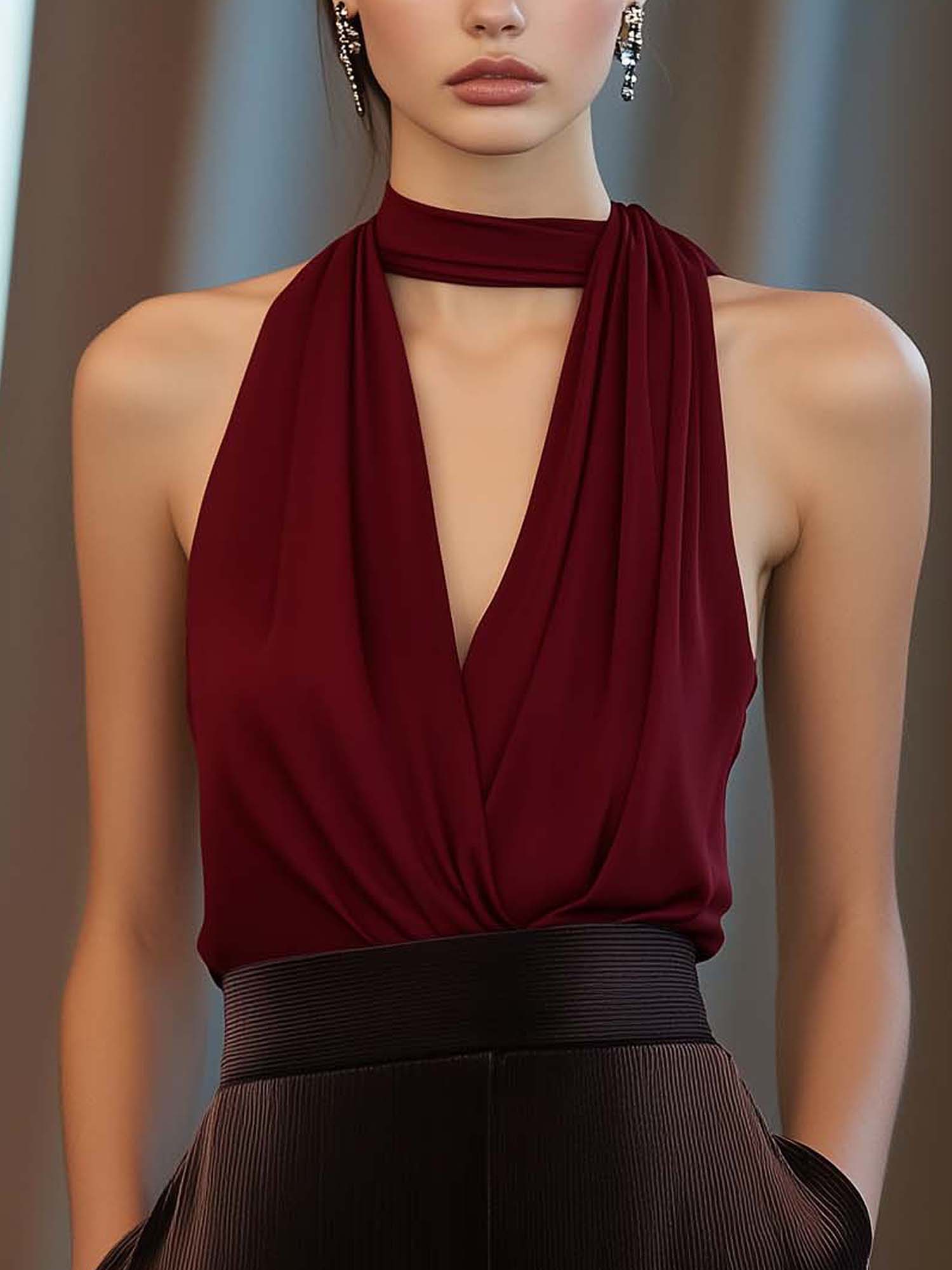 V-Neck Chiffon Red Shirt With Tie