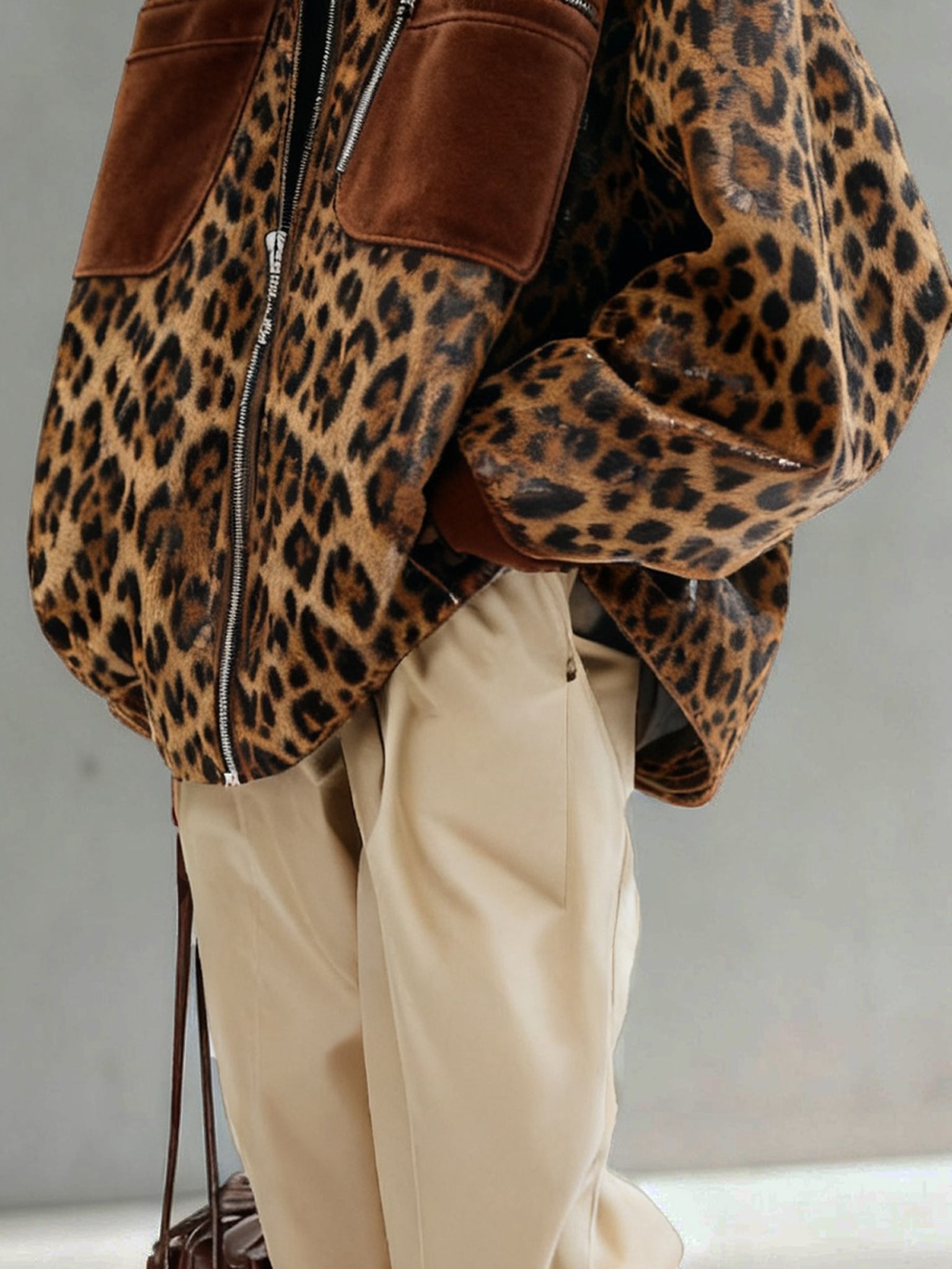 Brown Faux Suede Leopard Oversized Zip Jacket