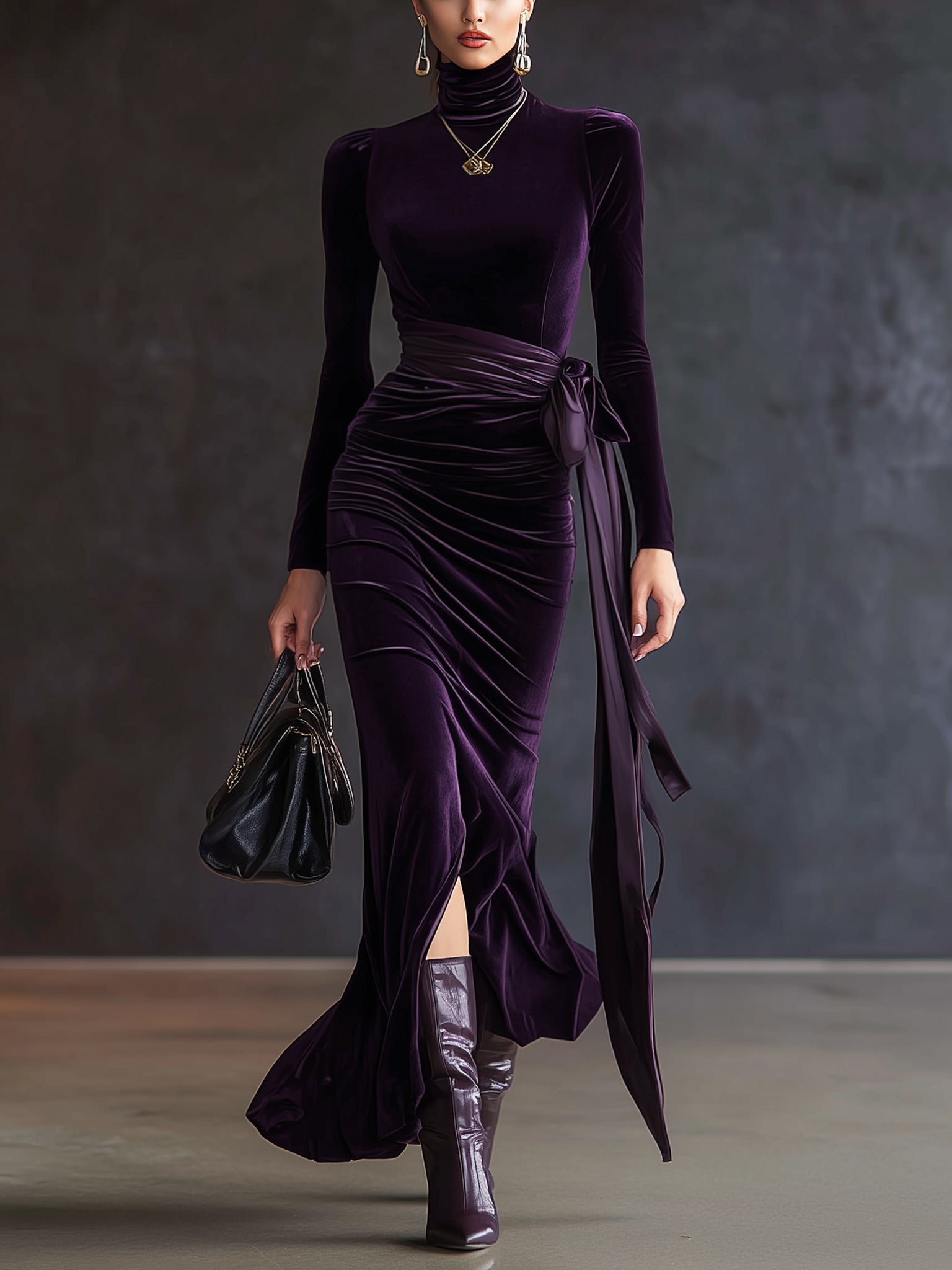 Purple Velvet Turtleneck Pleated Long Sleeve Maxi Dress With Satin Belt