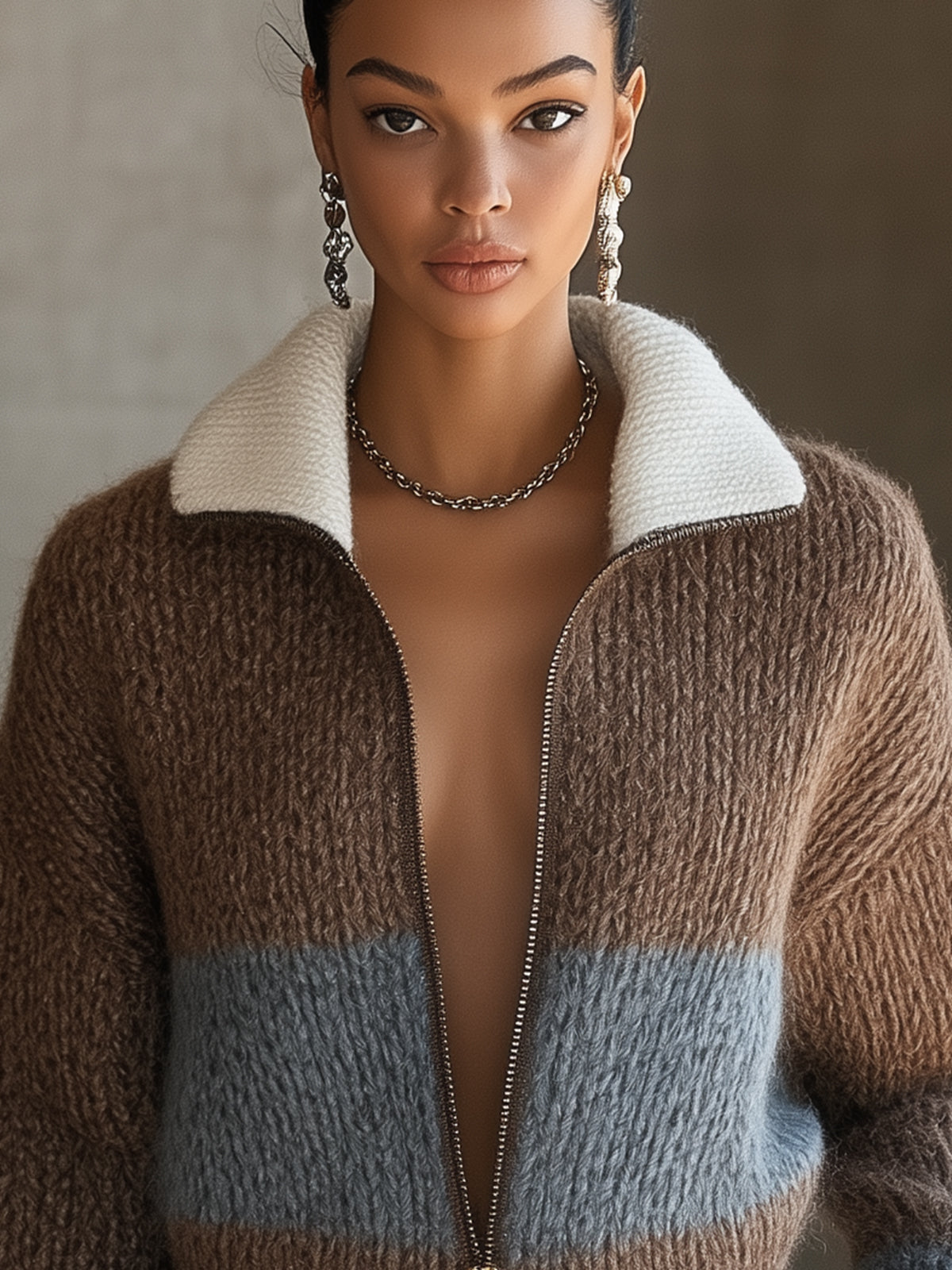 Two Tone Cozy Zip Up Knit Jacket