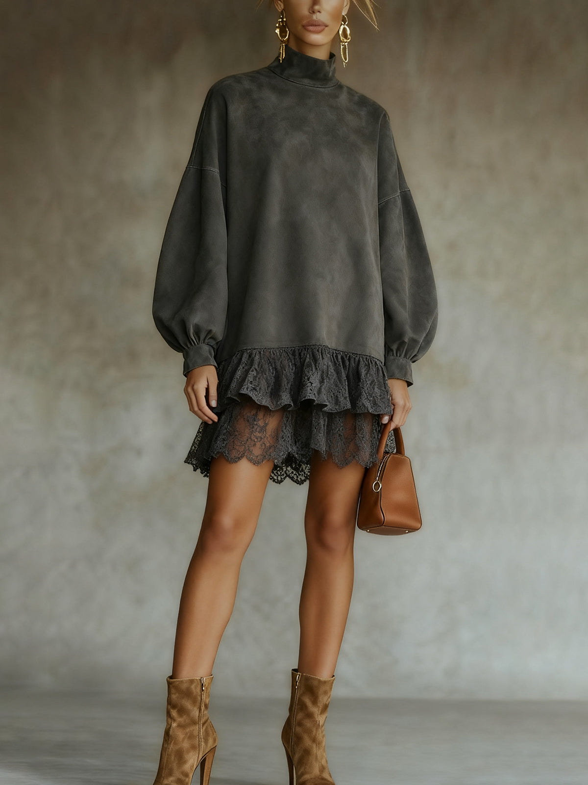 Gray Turtleneck Square Faux Suede Casual Dress With Lace Hem