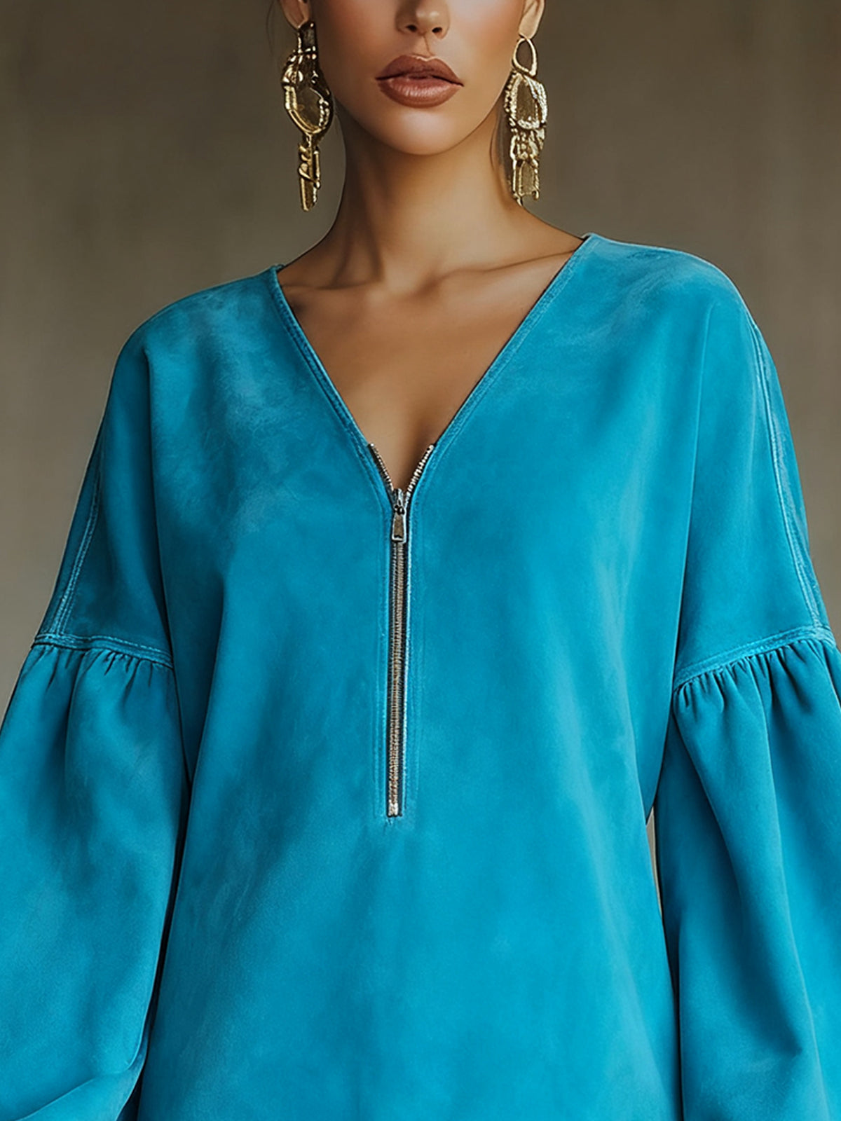 Sky Blue Faux Suede V-Neck Mini Dress With Lace Hem
