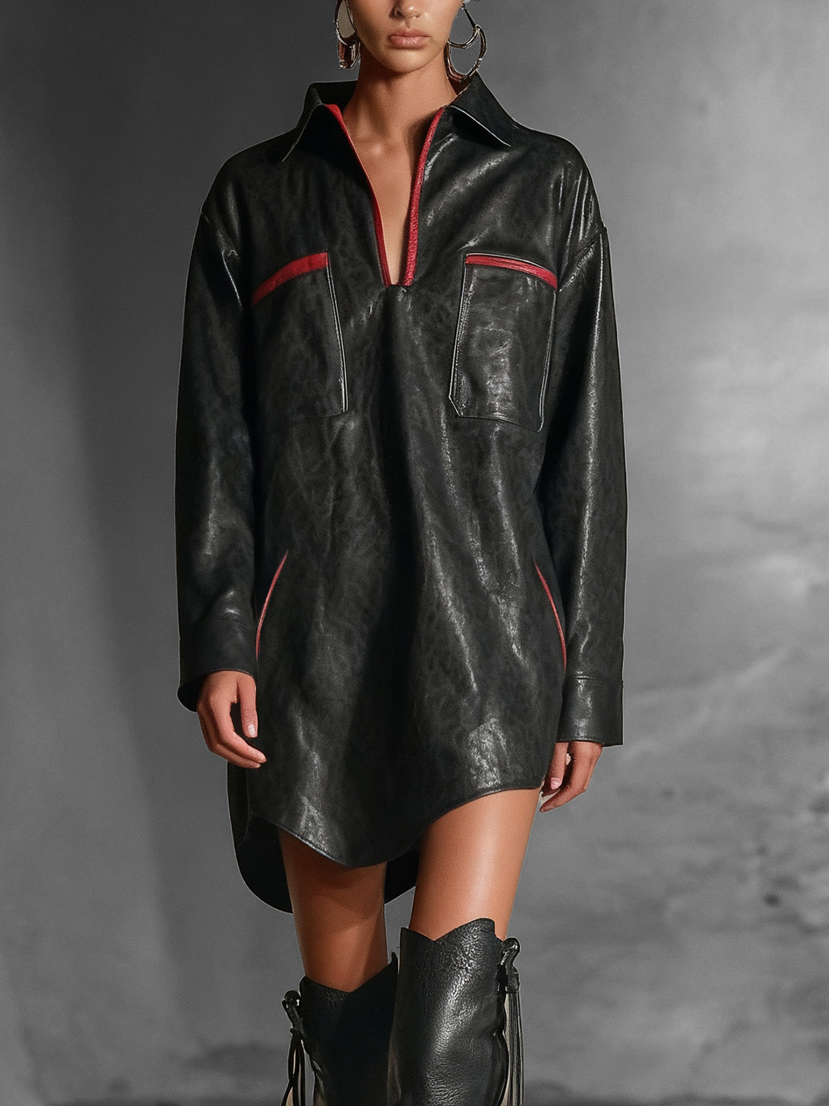 Black Faux Leather Dress With Red Accents