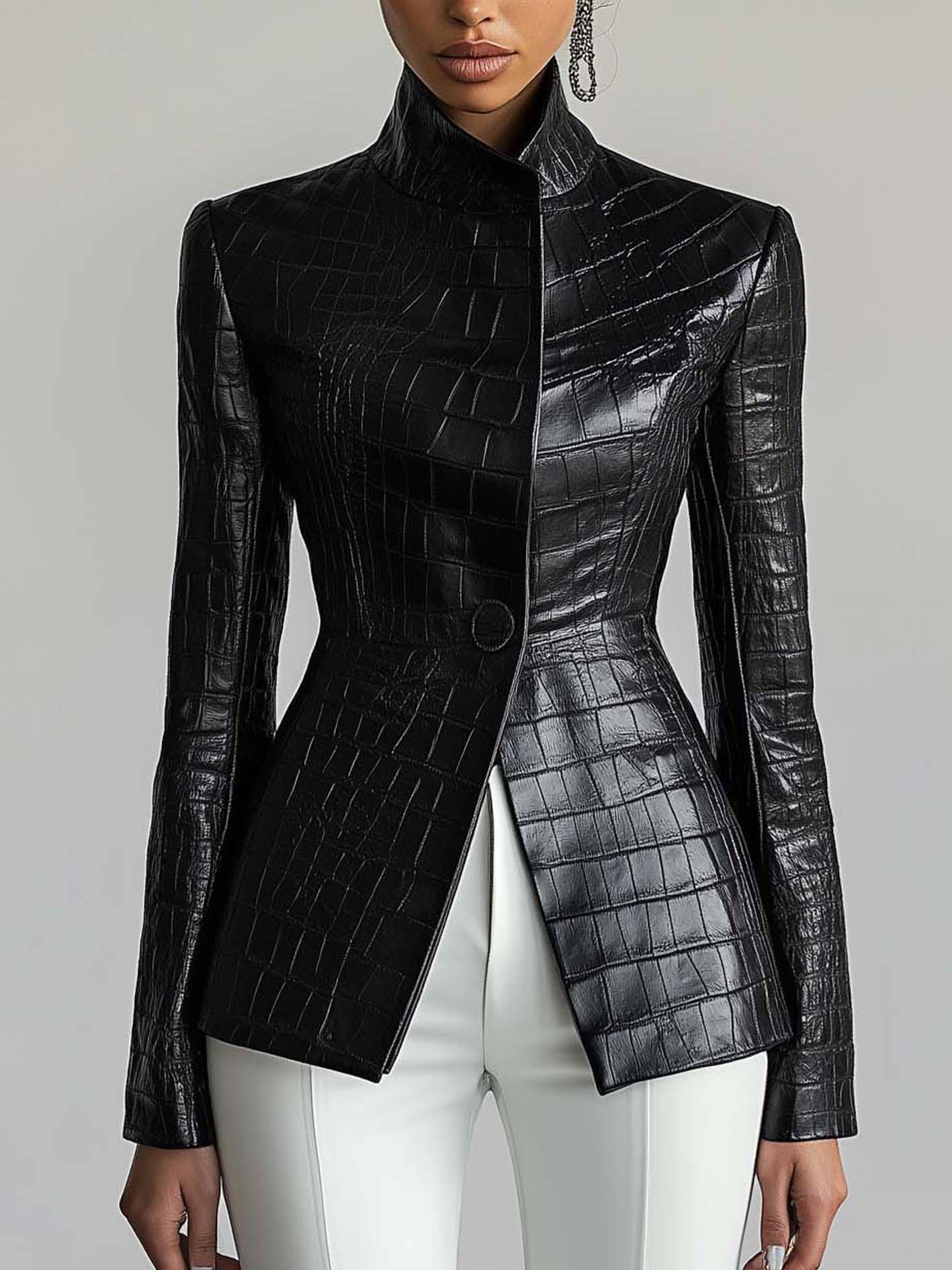 Textured Black Faux Leather Jacket With Button