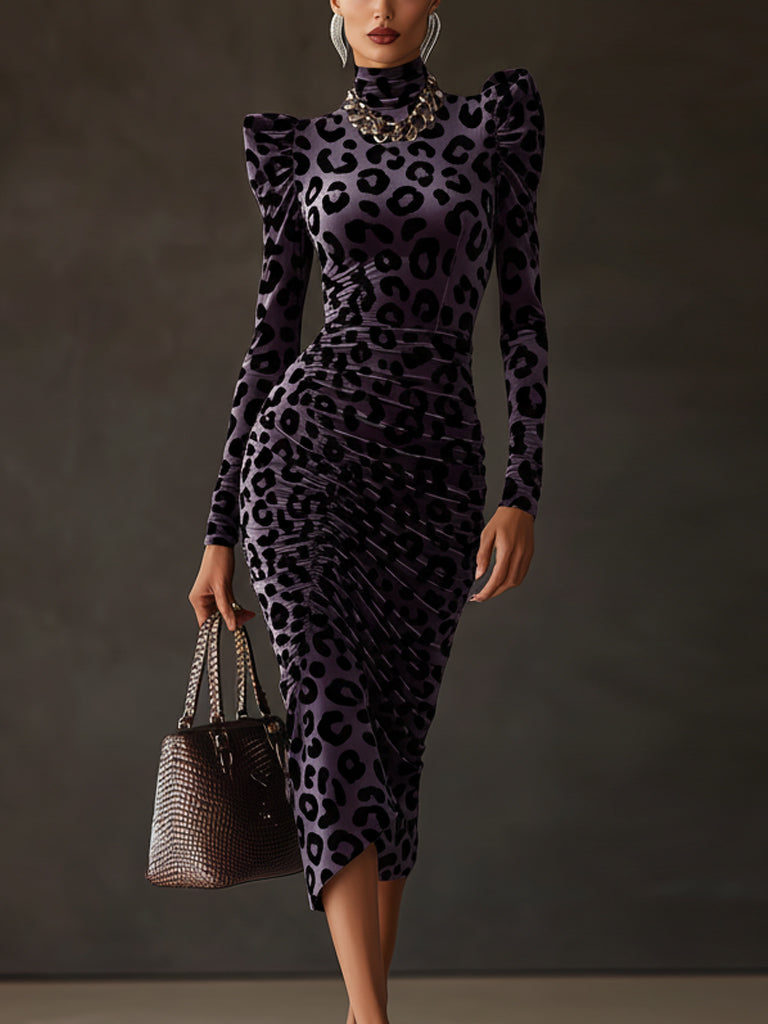Purple Leopard Print Vintage Velvet Turtleneck Bodycon Dress